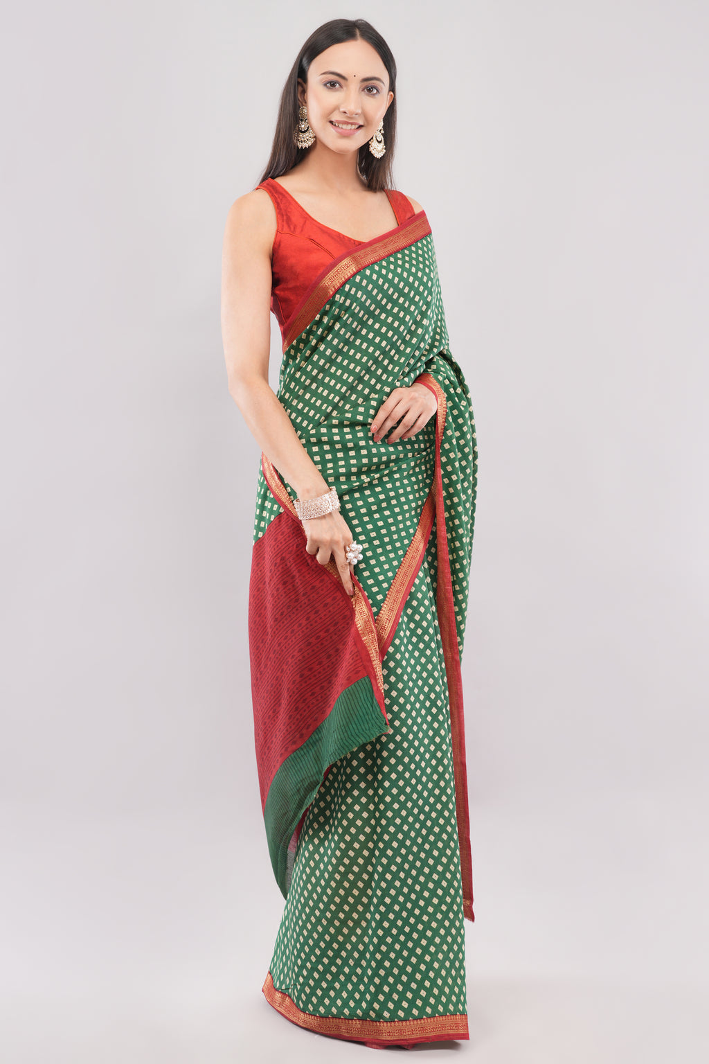 Classic Bottle Green Bandhani Inspired Saree with Contrast Red Border | Tulip Handloom
