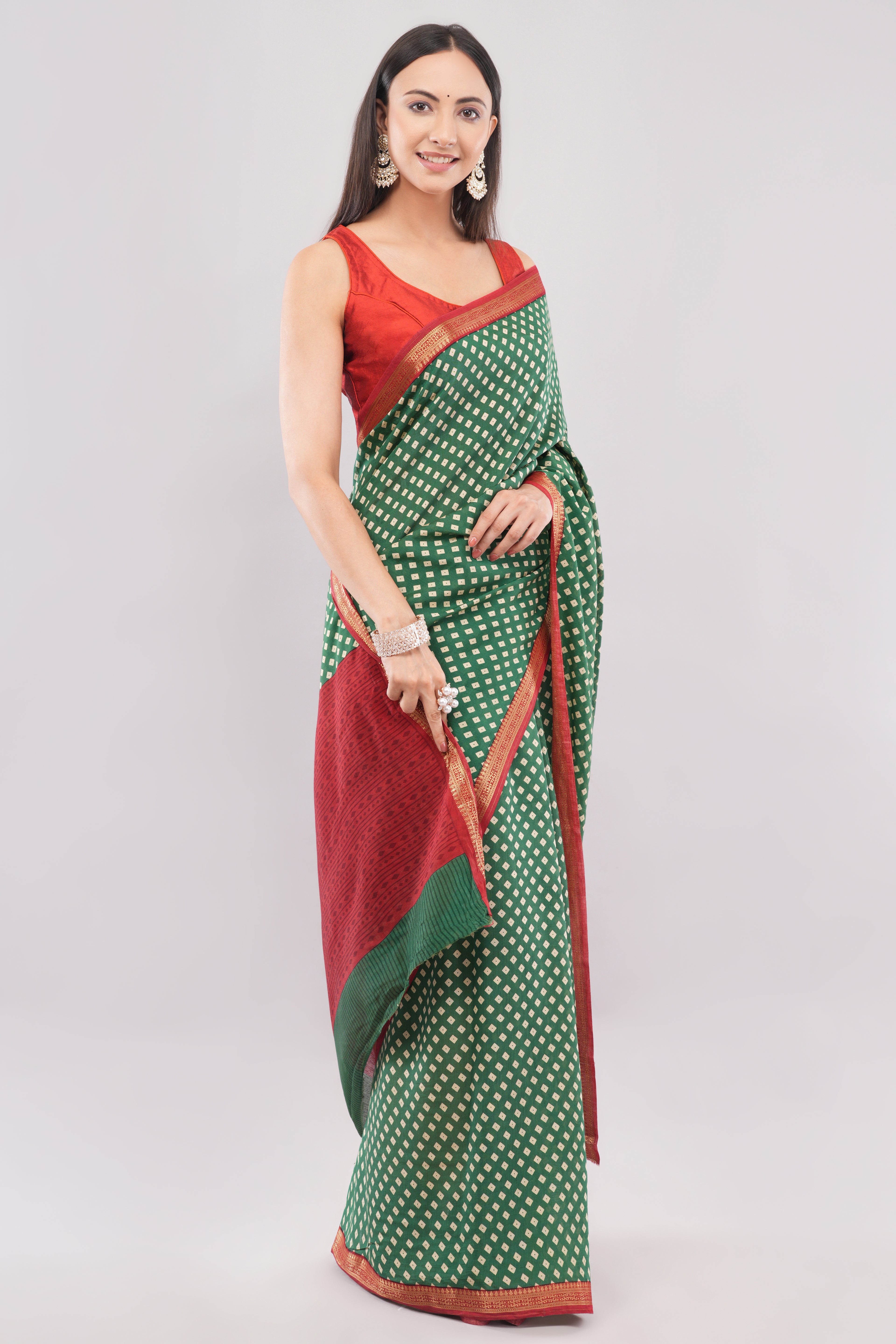 Classic Bottle Green Bandhani Inspired Saree with Contrast Red Border | Tulip Handloom
