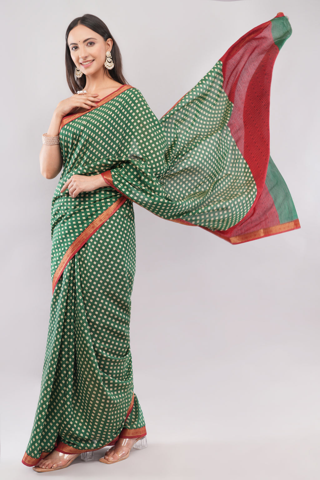 Classic Bottle Green Bandhani Inspired Saree with Contrast Red Border | Tulip Handloom
