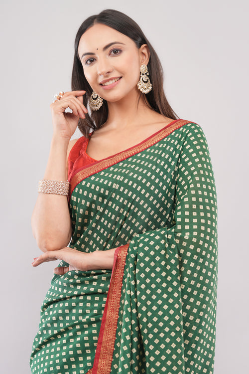 Classic Bottle Green Bandhani Inspired Saree with Contrast Red Border | Tulip Handloom