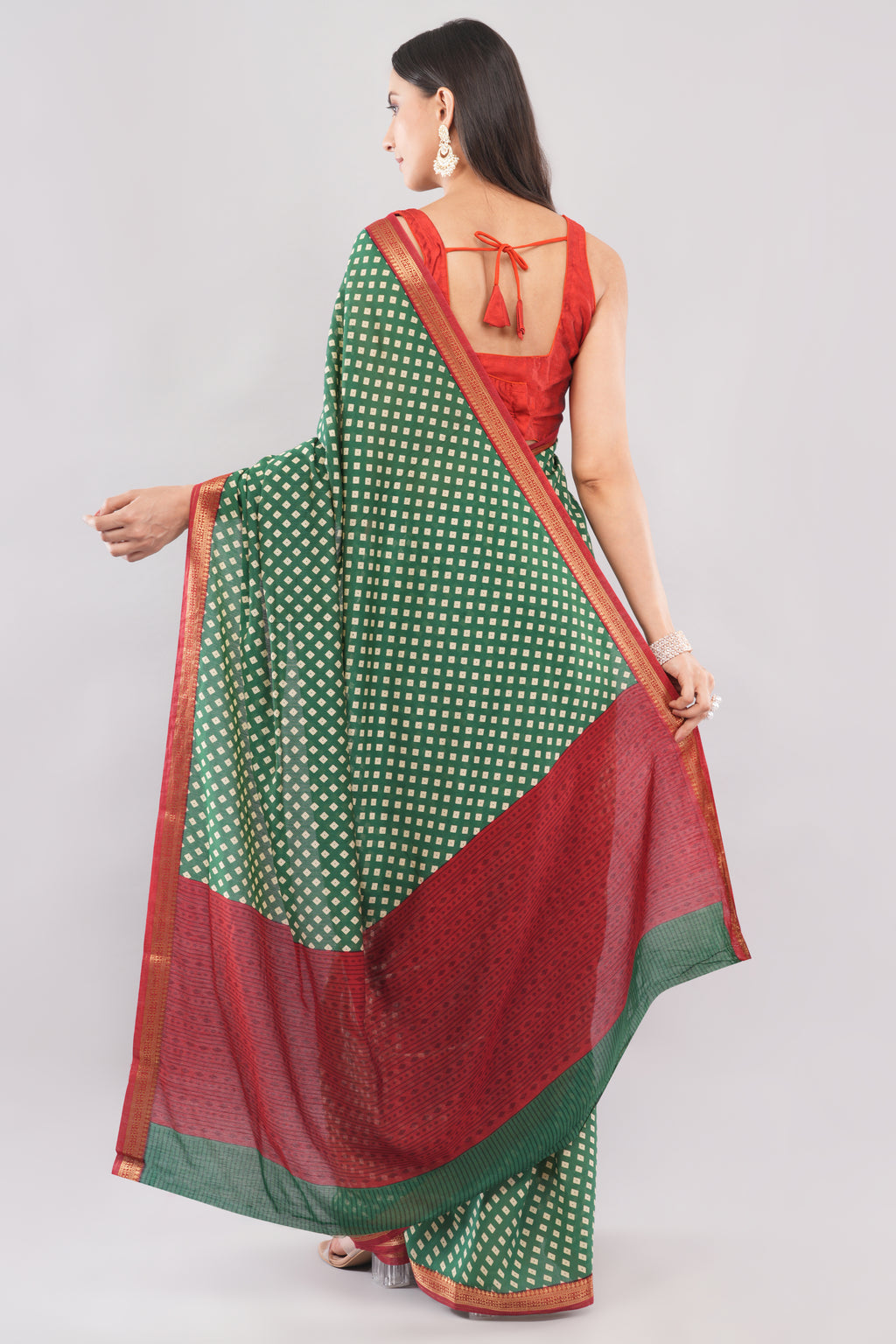 Classic Bottle Green Bandhani Inspired Saree with Contrast Red Border | Tulip Handloom