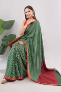 Classic Bottle Green Bandhani Inspired Saree with Contrast Red Border | Tulip Handloom