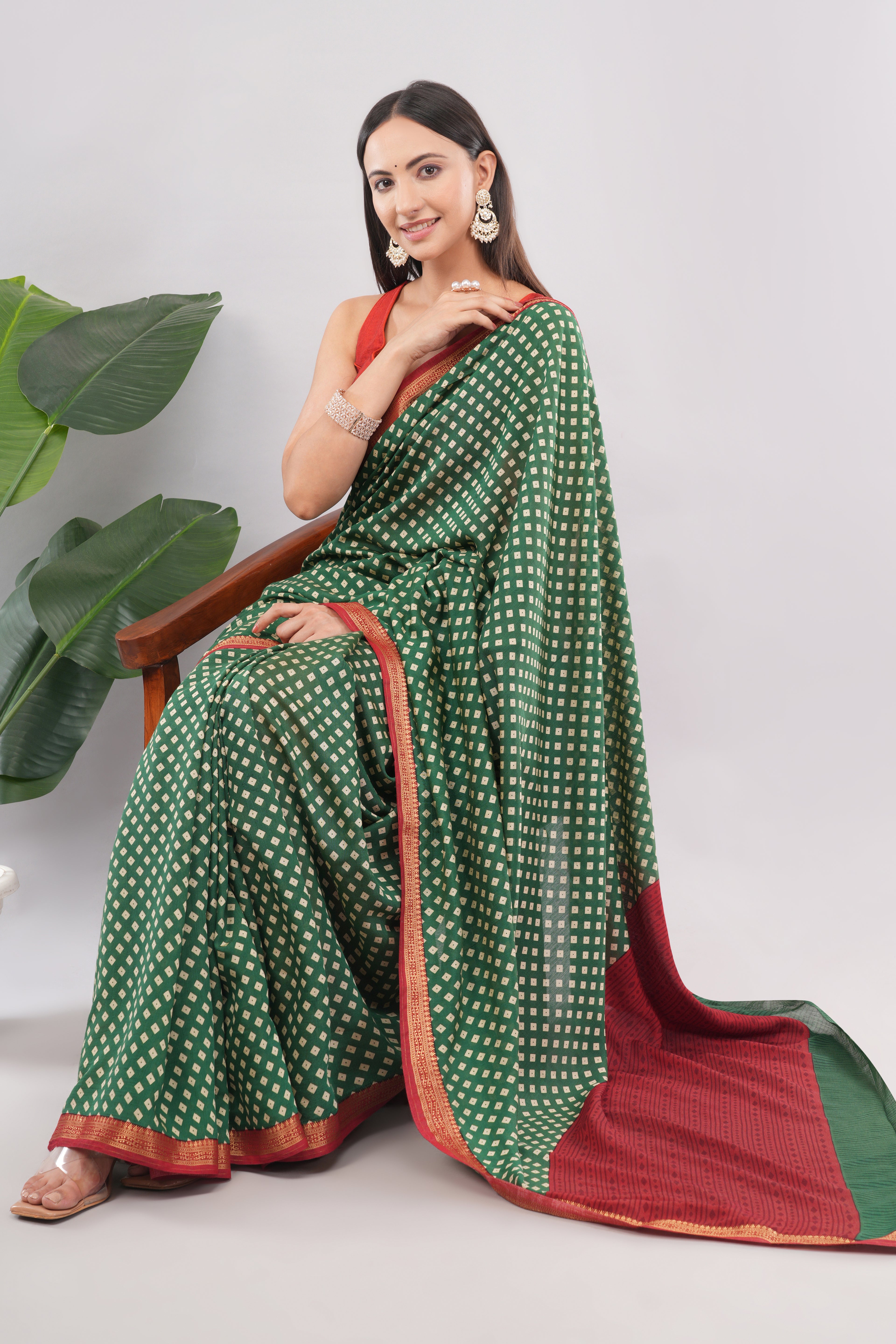 Classic Bottle Green Bandhani Inspired Saree with Contrast Red Border | Tulip Handloom