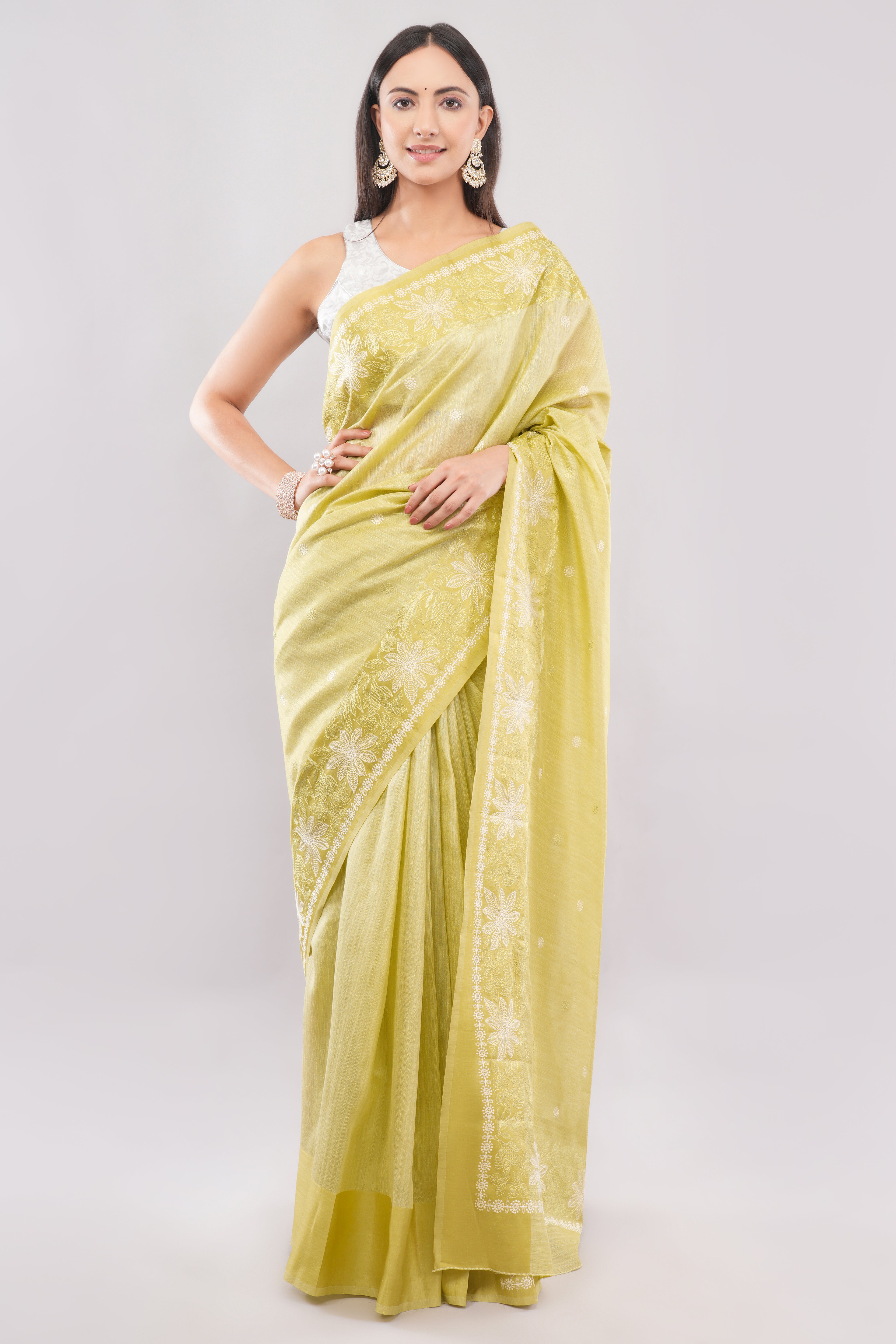 Elegant Lime Green Saree with Intricate White Thread work
