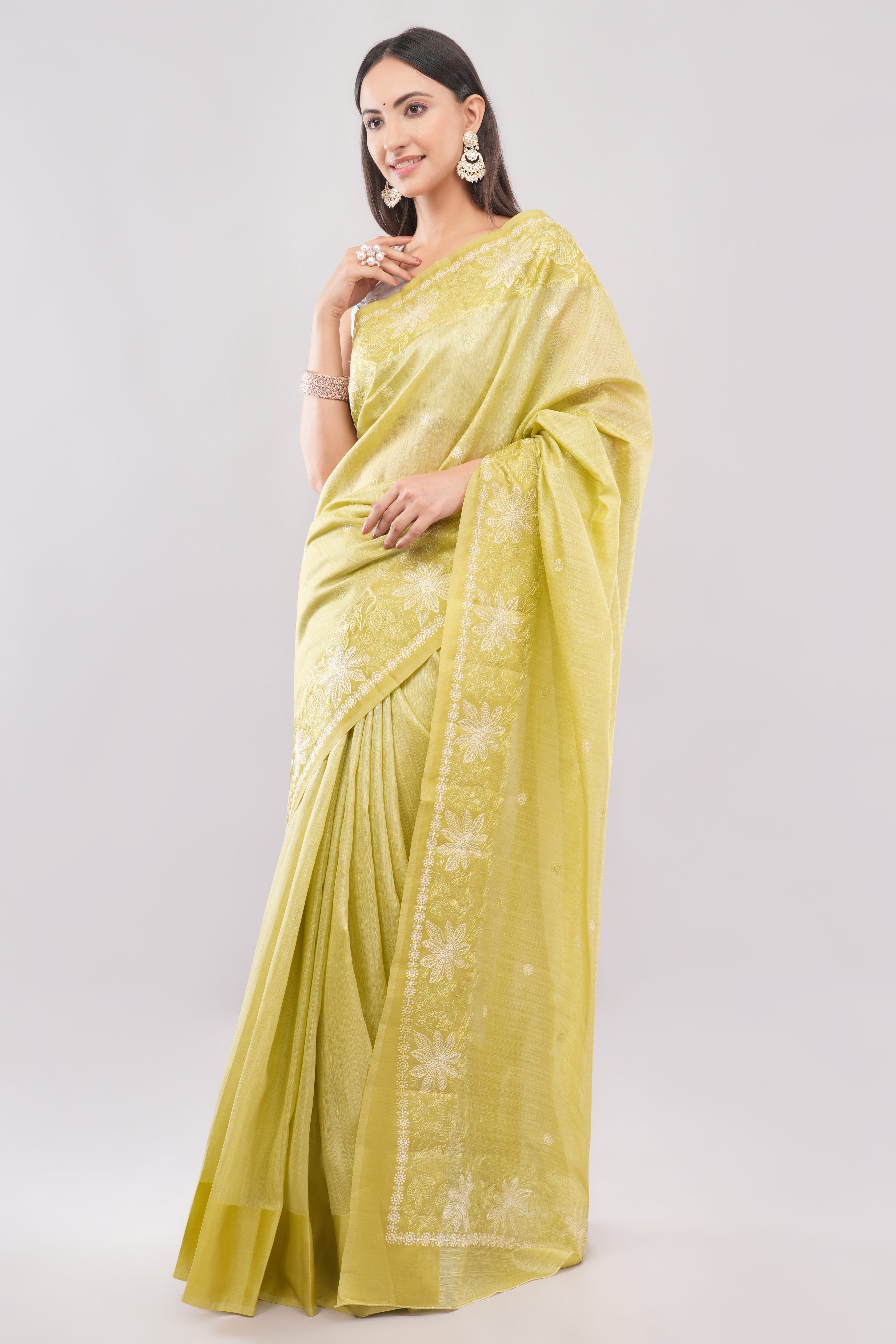 Elegant Lime Green Saree with Intricate White Thread work