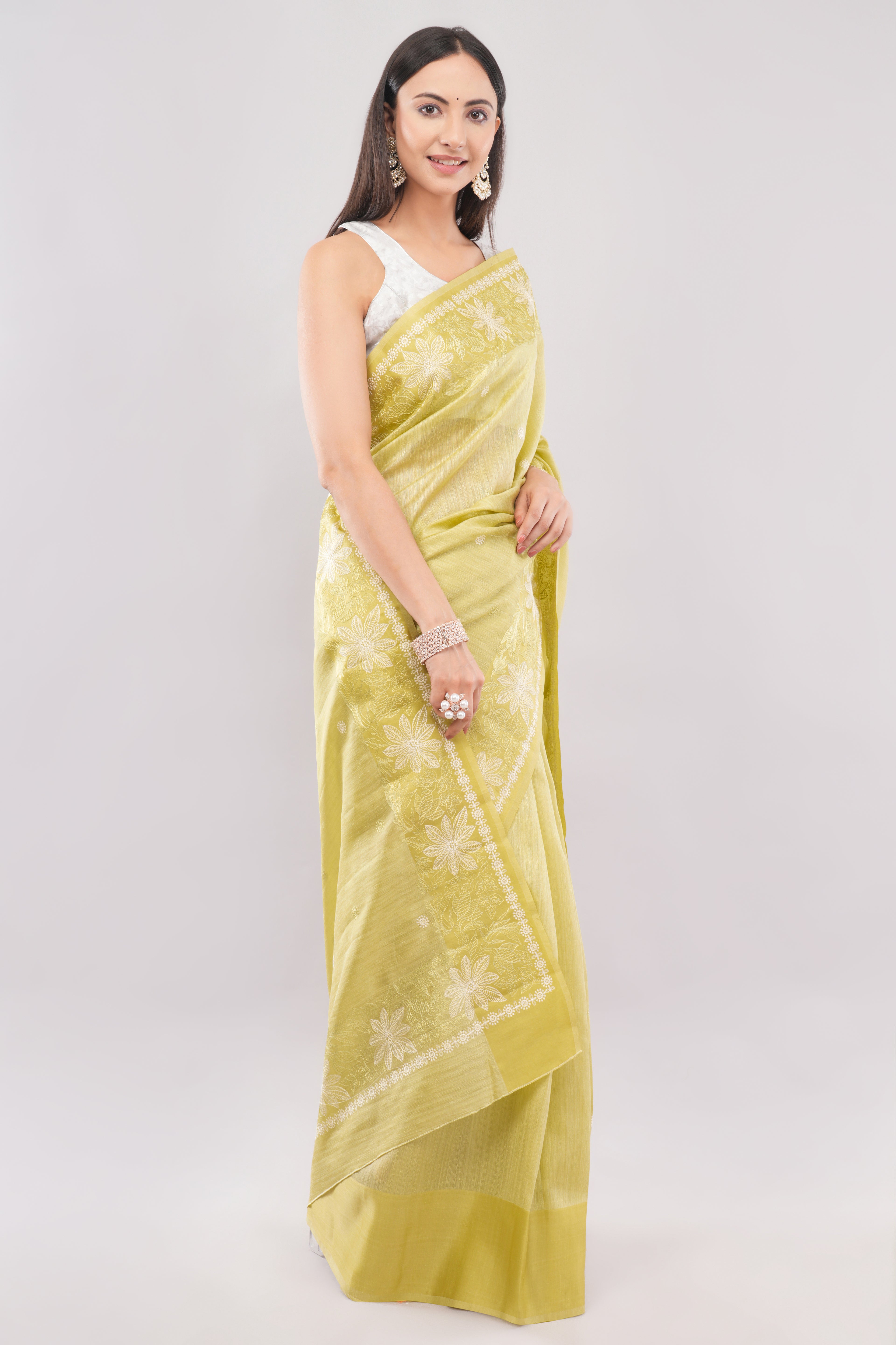 Elegant Lime Green Saree with Intricate White Thread work