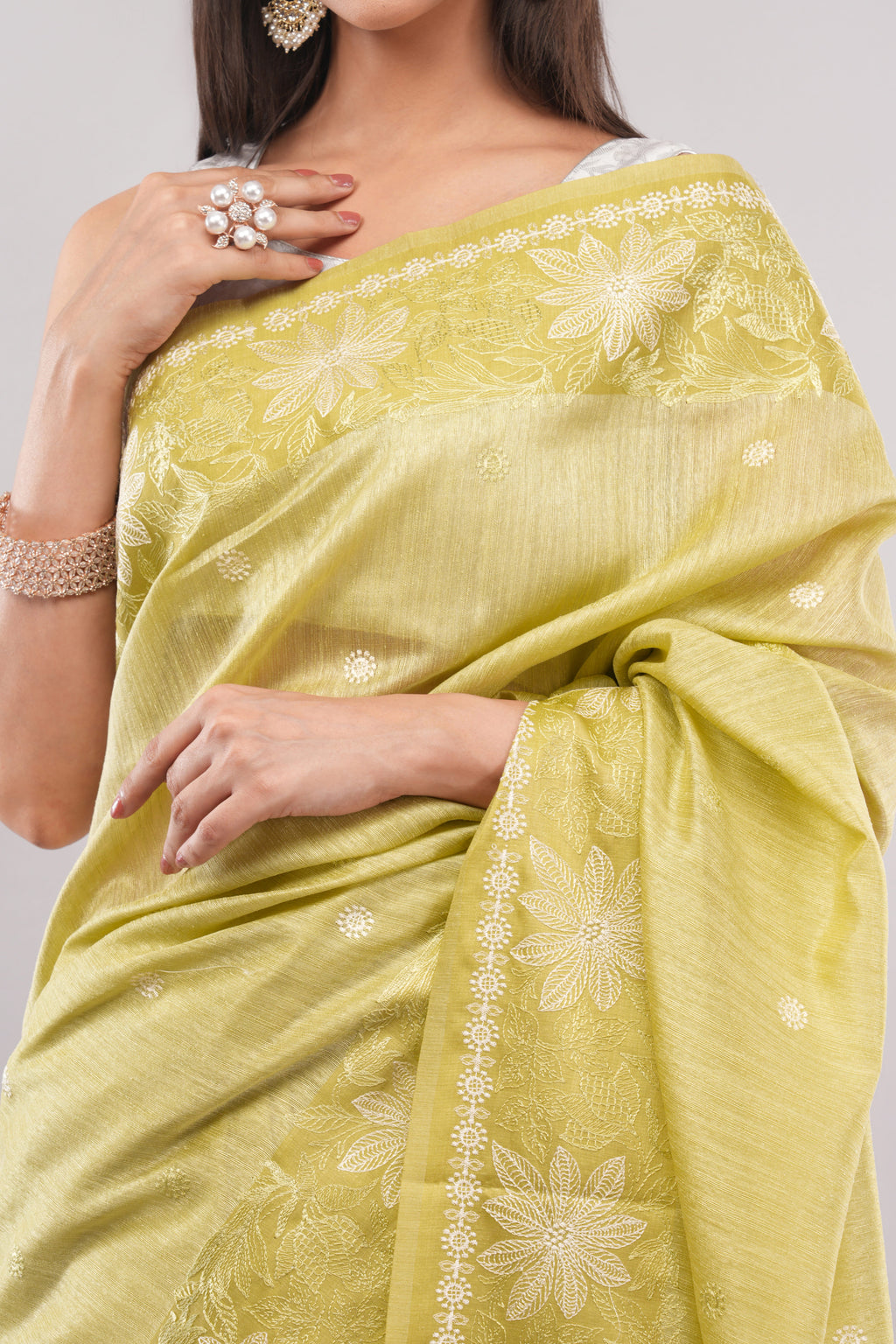 Elegant Lime Green Saree with Intricate White Thread work