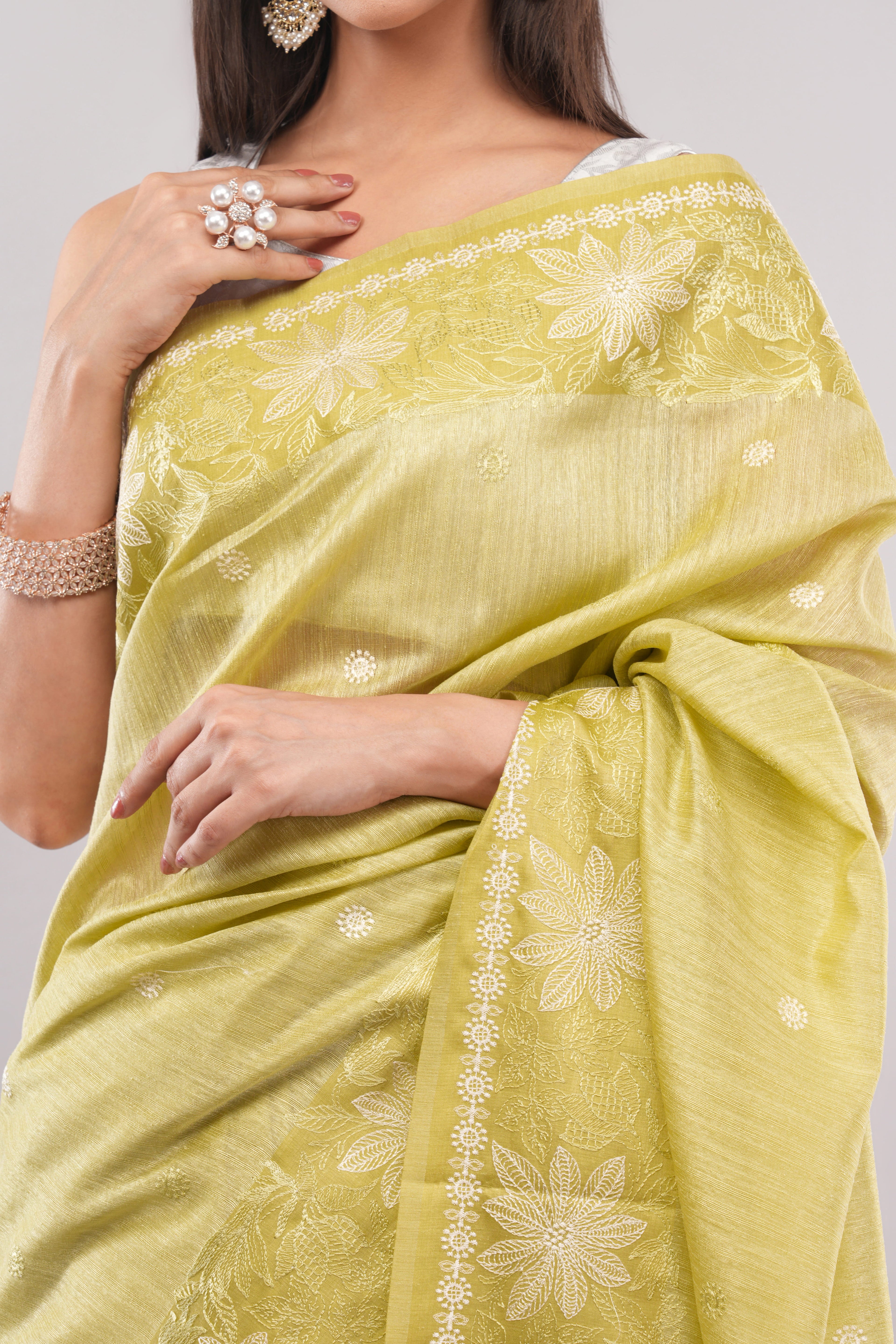 Elegant Lime Green Saree with Intricate White Thread work
