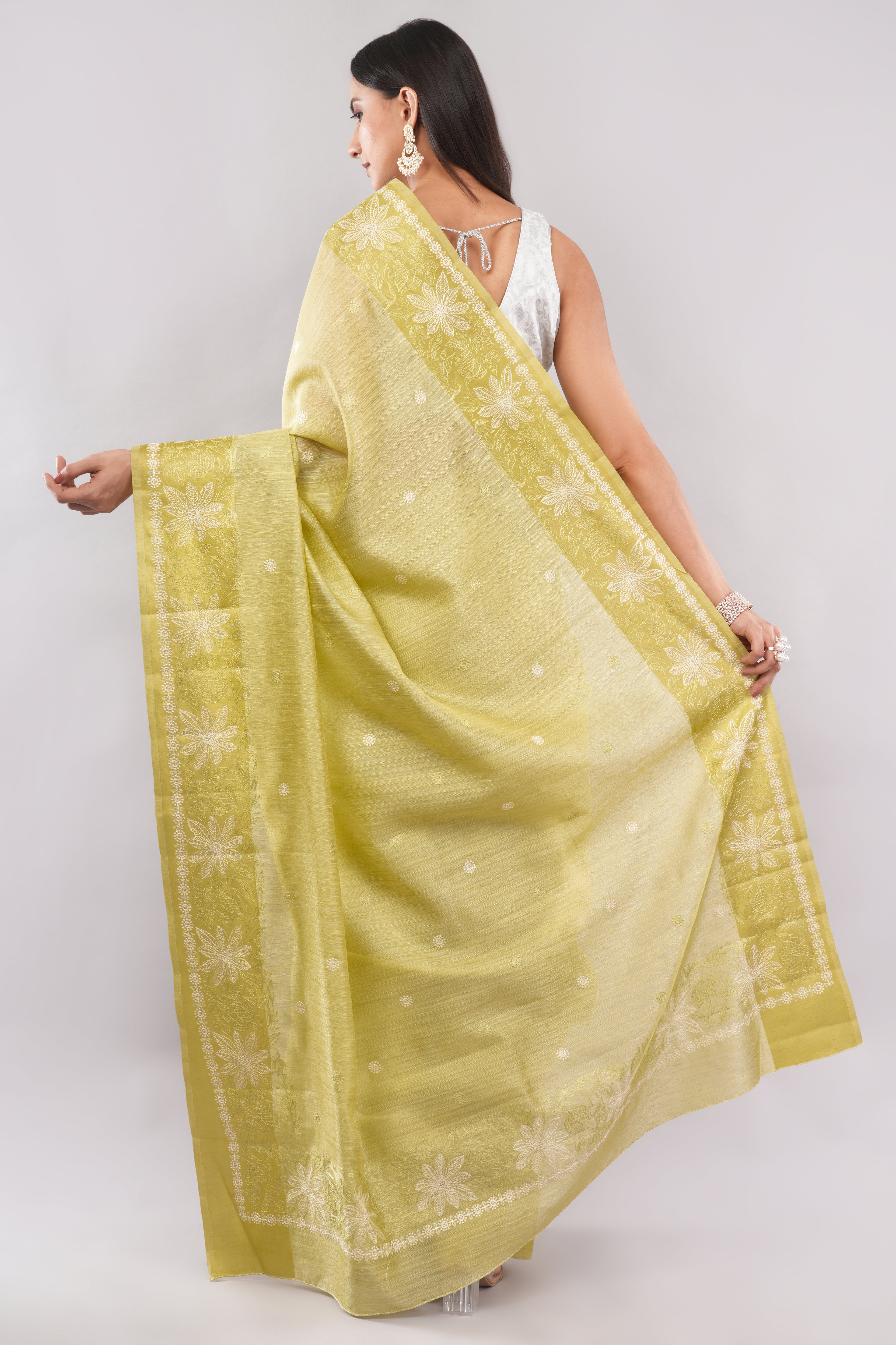 Elegant Lime Green Saree with Intricate White Thread work