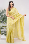 Elegant Lime Green Saree with Intricate White Thread work
