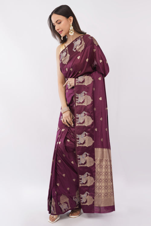 majestic wine silk saree with gajaraj motif
