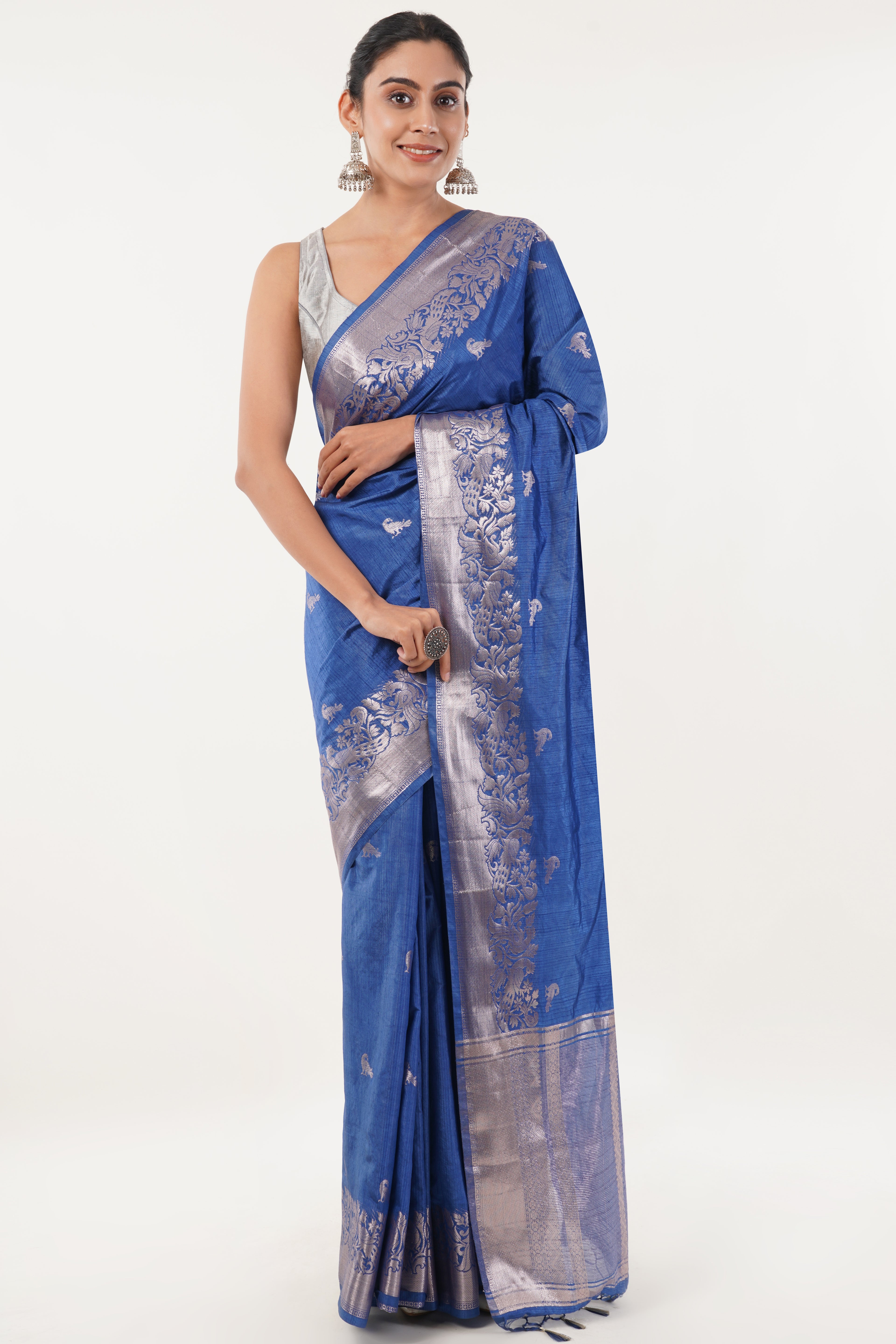 Tulip Handloom Royal Blue Raw Silk Saree with Silver Zari Floral Border