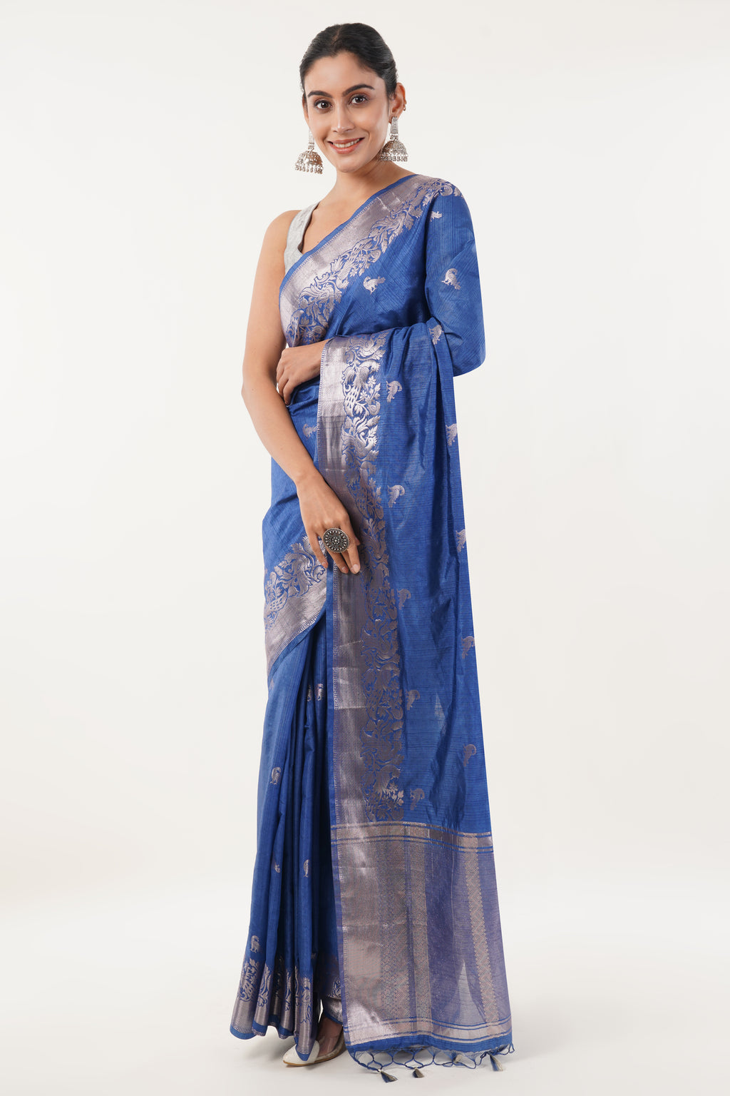 Tulip Handloom Royal Blue Raw Silk Saree with Silver Zari Floral Border