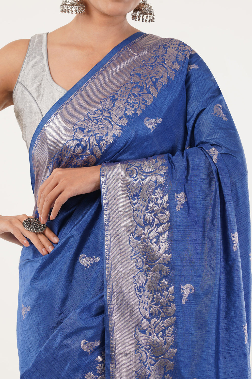 Tulip Handloom Royal Blue Raw Silk Saree with Silver Zari Floral Border