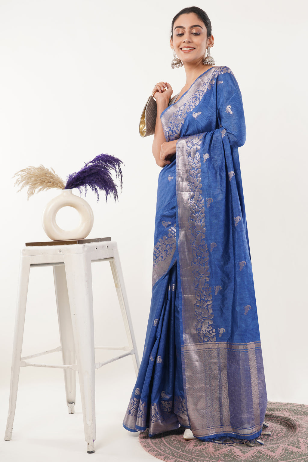 Tulip Handloom Royal Blue Raw Silk Saree with Silver Zari Floral Border