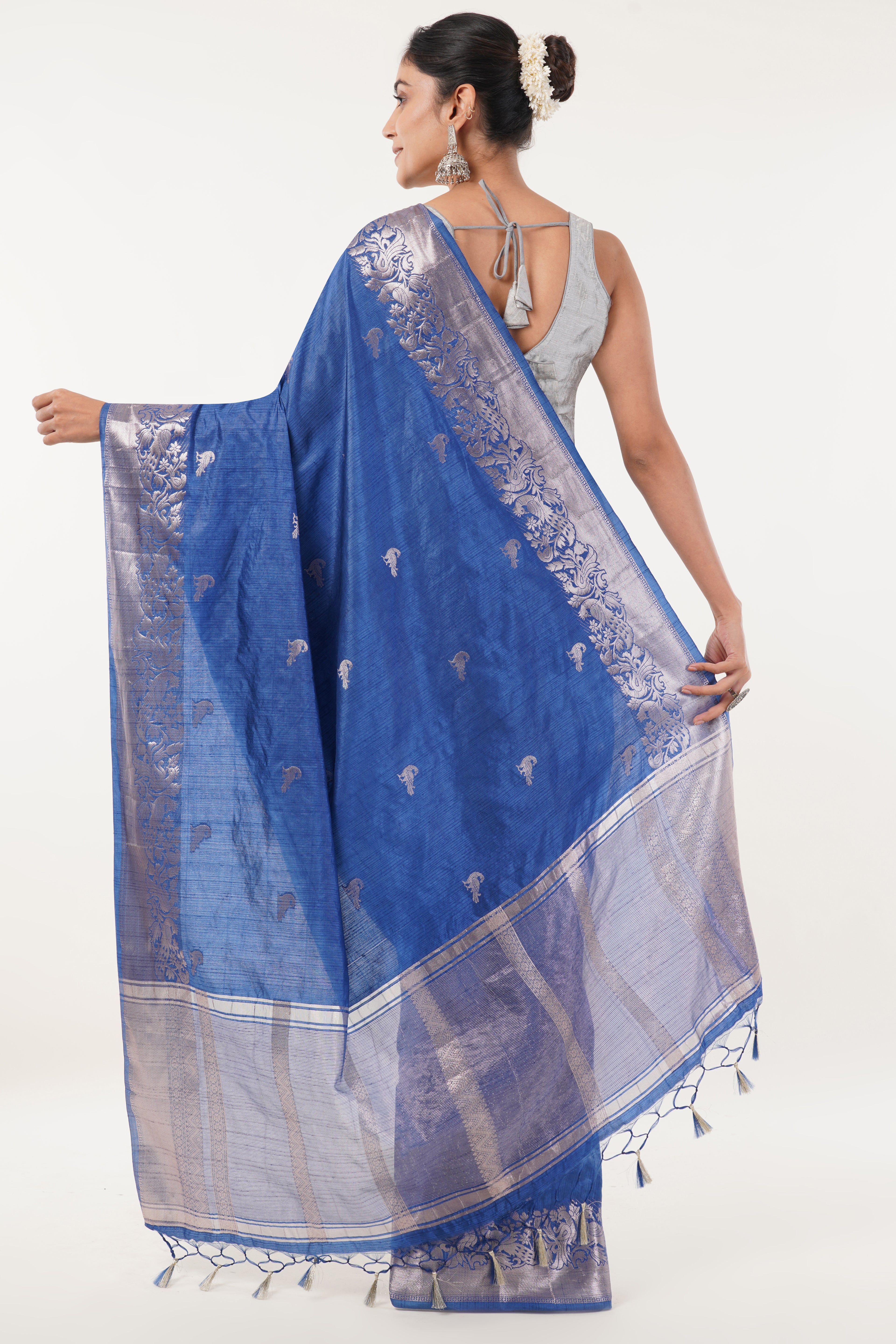 Tulip Handloom Royal Blue Raw Silk Saree with Silver Zari Floral Border