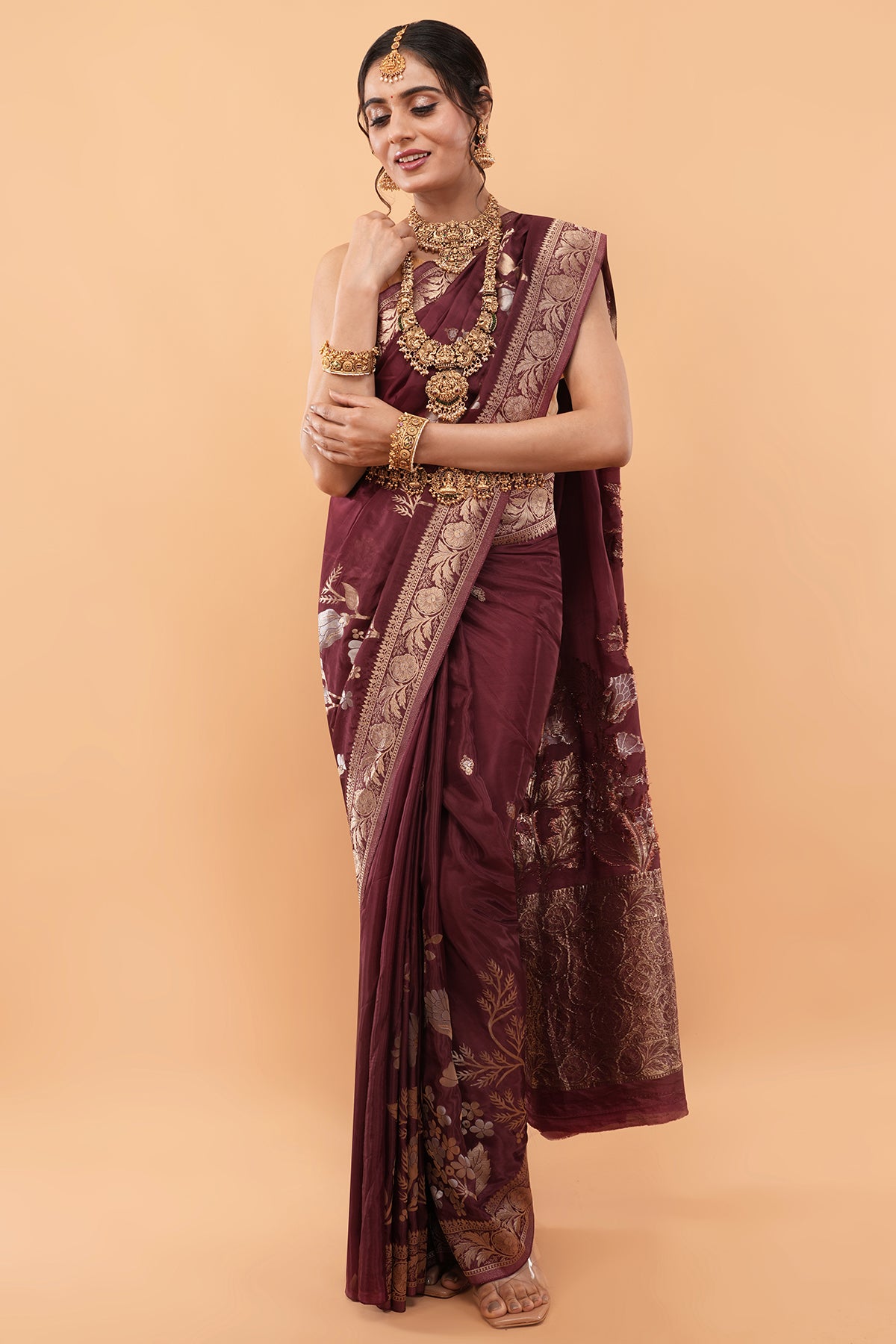 Premium Authentic Varanasi Handloom Art Silk Saree – Deep Maroon with Floral Zari Vines