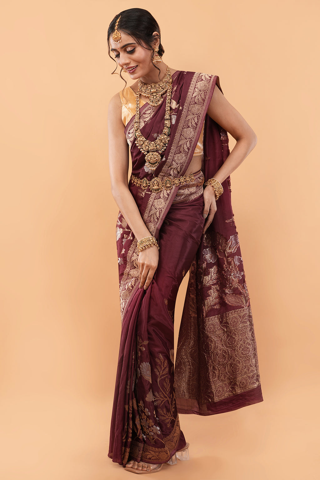 Premium Authentic Varanasi Handloom Art Silk Saree – Deep Maroon with Floral Zari Vines