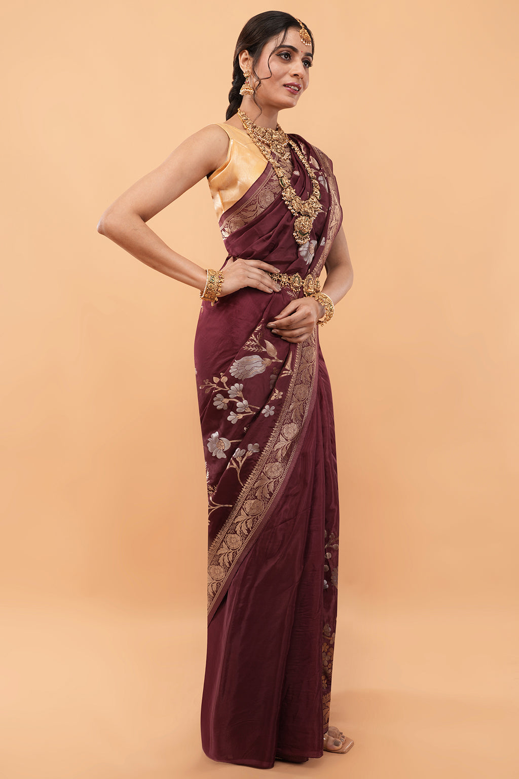 Premium Authentic Varanasi Handloom Art Silk Saree – Deep Maroon with Floral Zari Vines