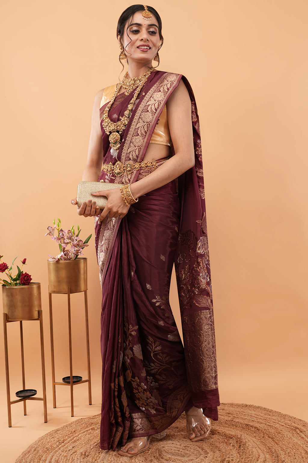 Premium Authentic Varanasi Handloom Art Silk Saree – Deep Maroon with Floral Zari Vines