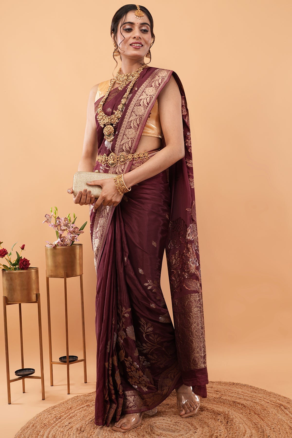 Premium Authentic Varanasi Handloom Art Silk Saree – Deep Maroon with Floral Zari Vines