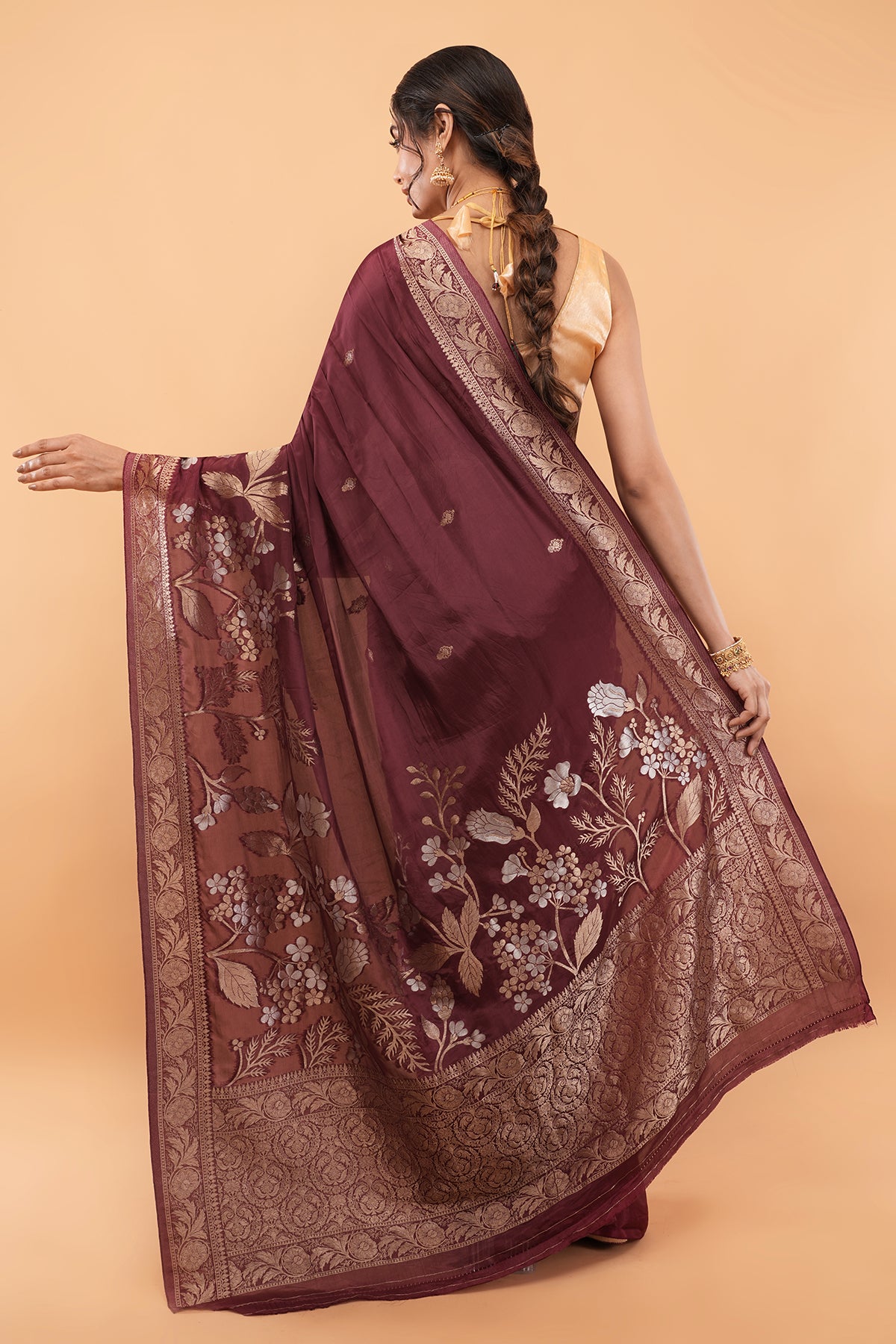 Premium Authentic Varanasi Handloom Art Silk Saree – Deep Maroon with Floral Zari Vines