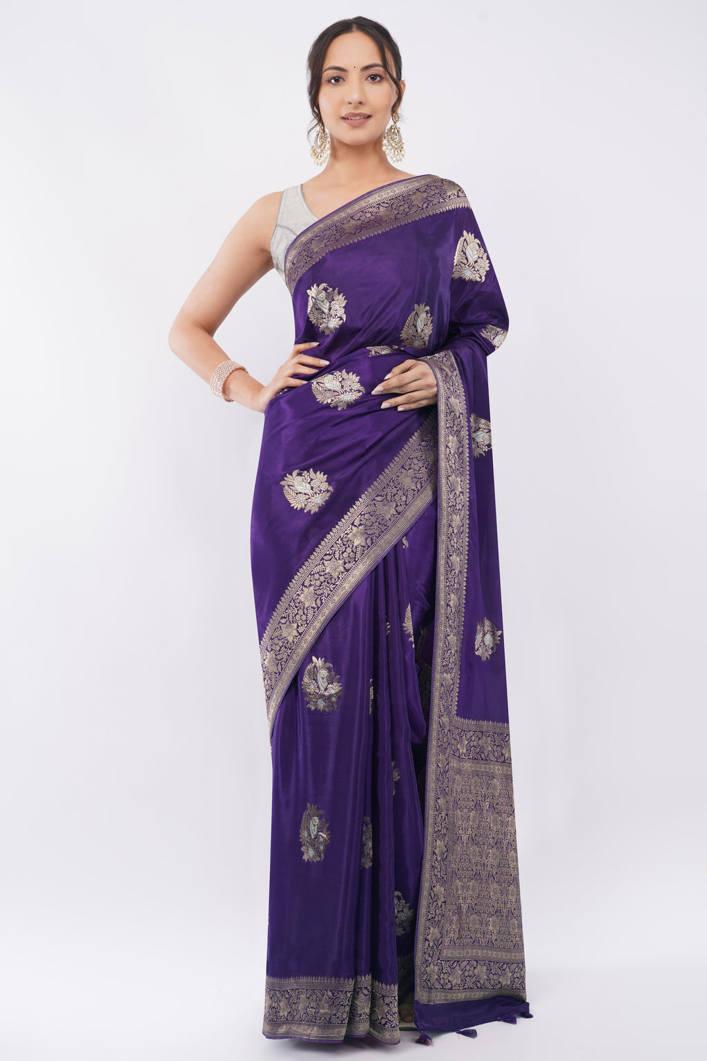 Tulip Handloom Royal Purple Soft Silk Saree with Antique Zari Floral Butas