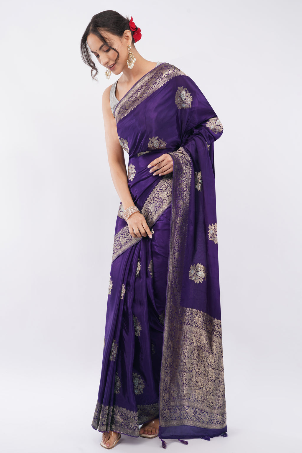 Tulip Handloom Royal Purple Soft Silk Saree with Antique Zari Floral Butas
