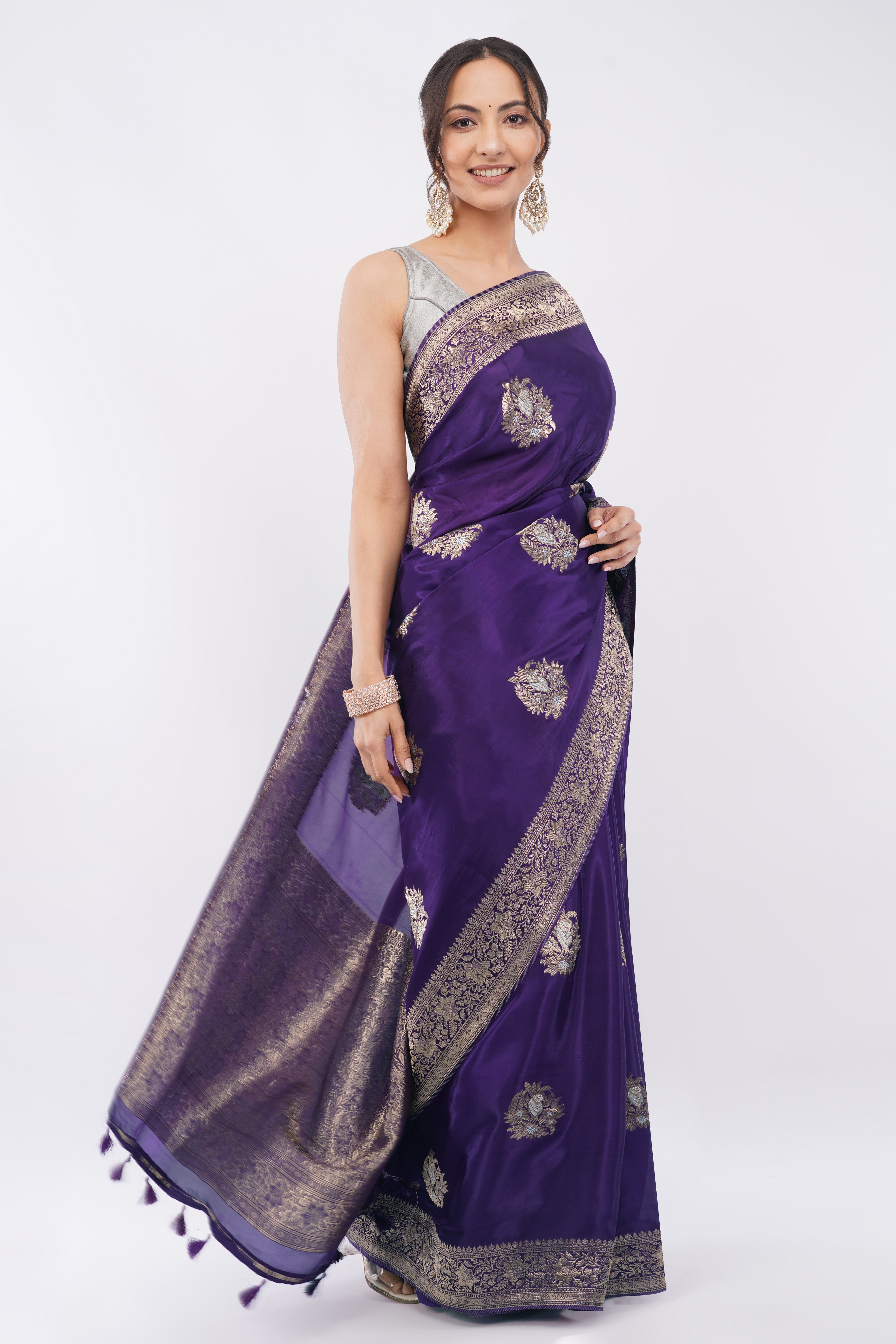 Tulip Handloom Royal Purple Soft Silk Saree with Antique Zari Floral Butas