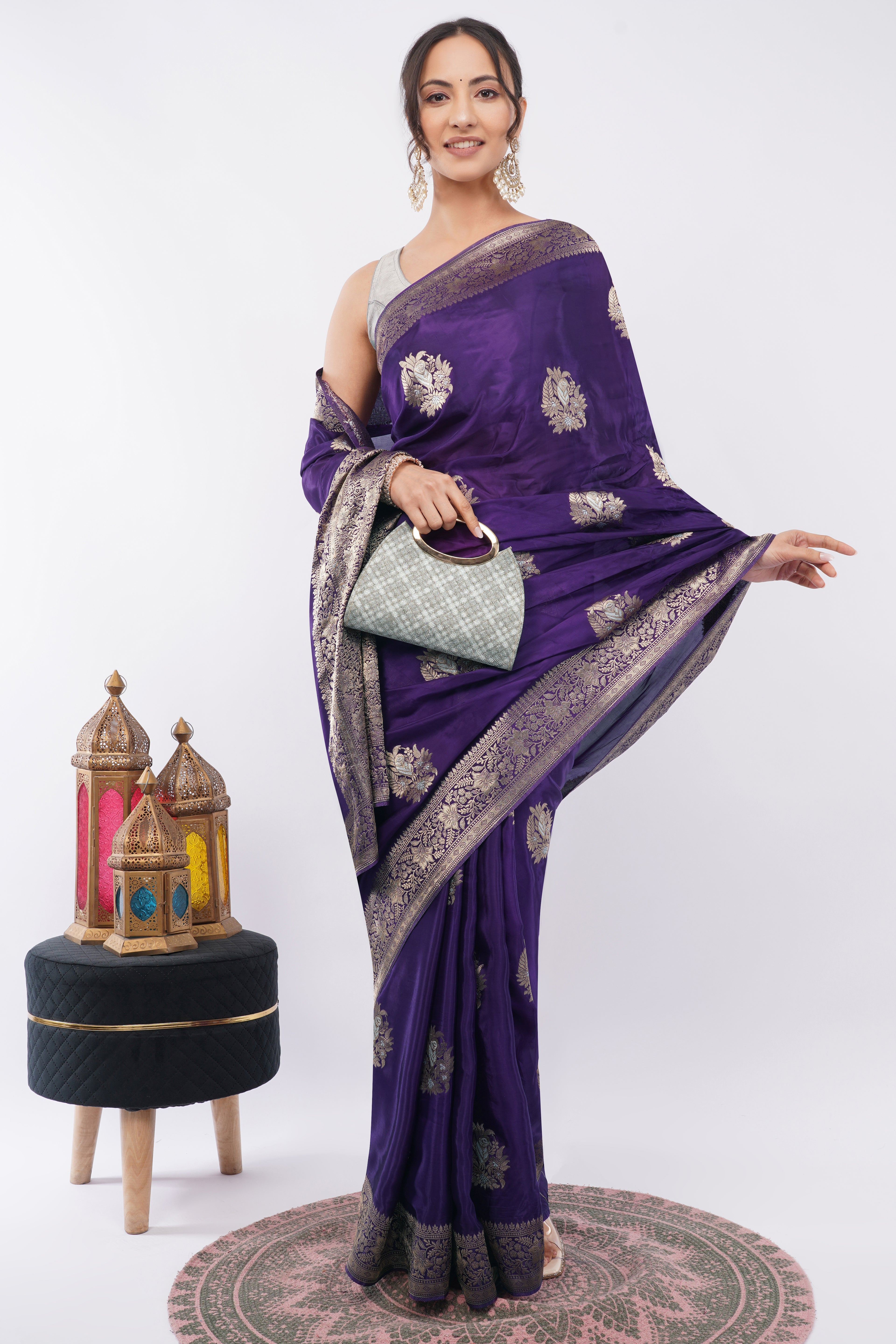 Tulip Handloom Royal Purple Soft Silk Saree with Antique Zari Floral Butas