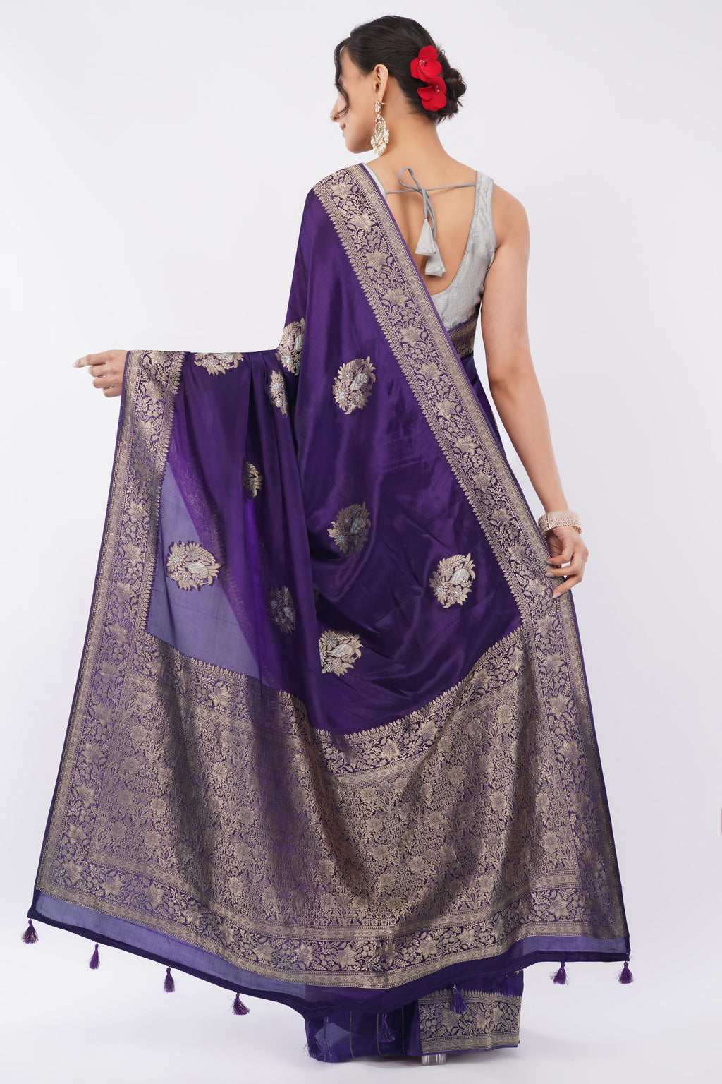 Tulip Handloom Royal Purple Soft Silk Saree with Antique Zari Floral Butas