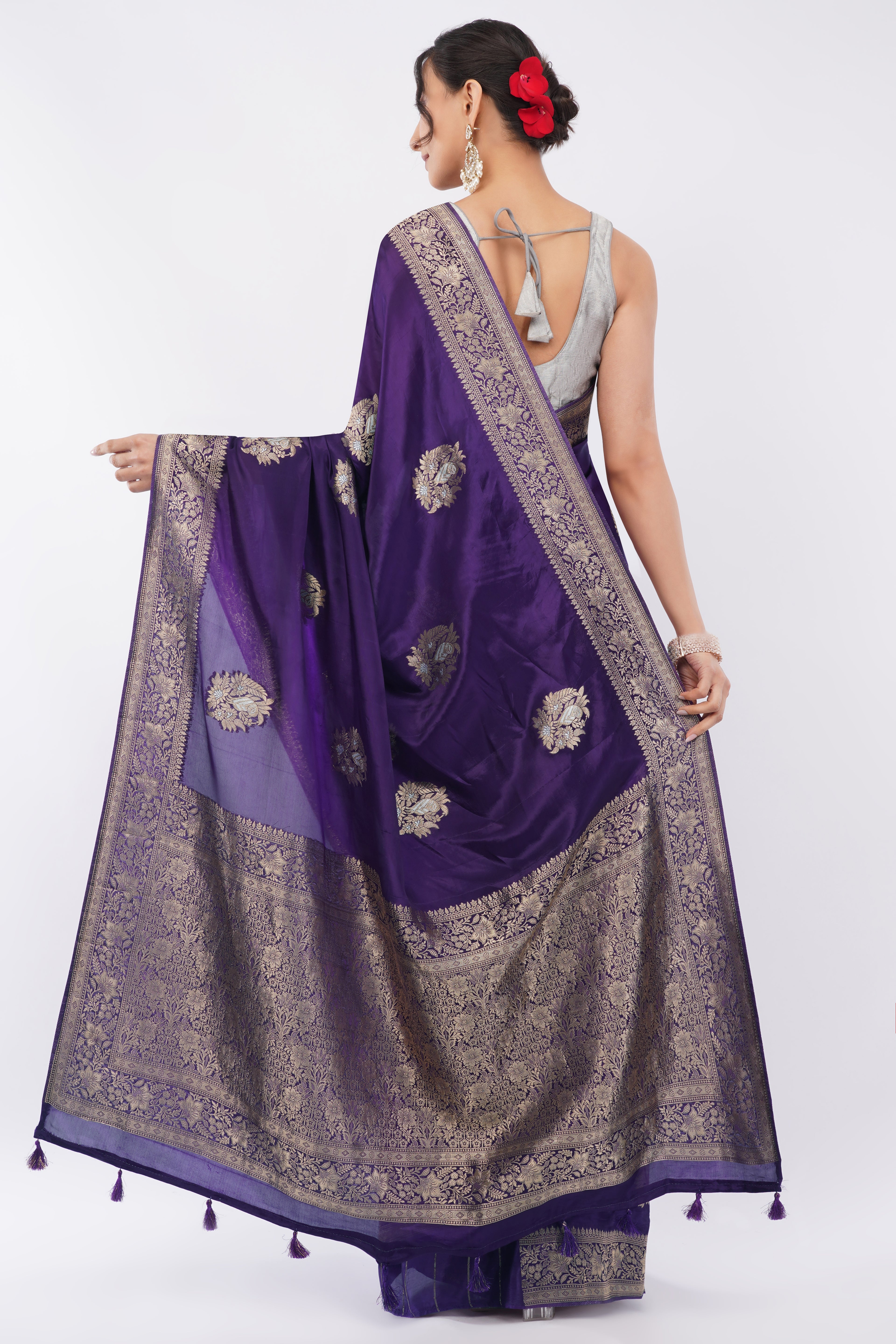 Tulip Handloom Royal Purple Soft Silk Saree with Antique Zari Floral Butas