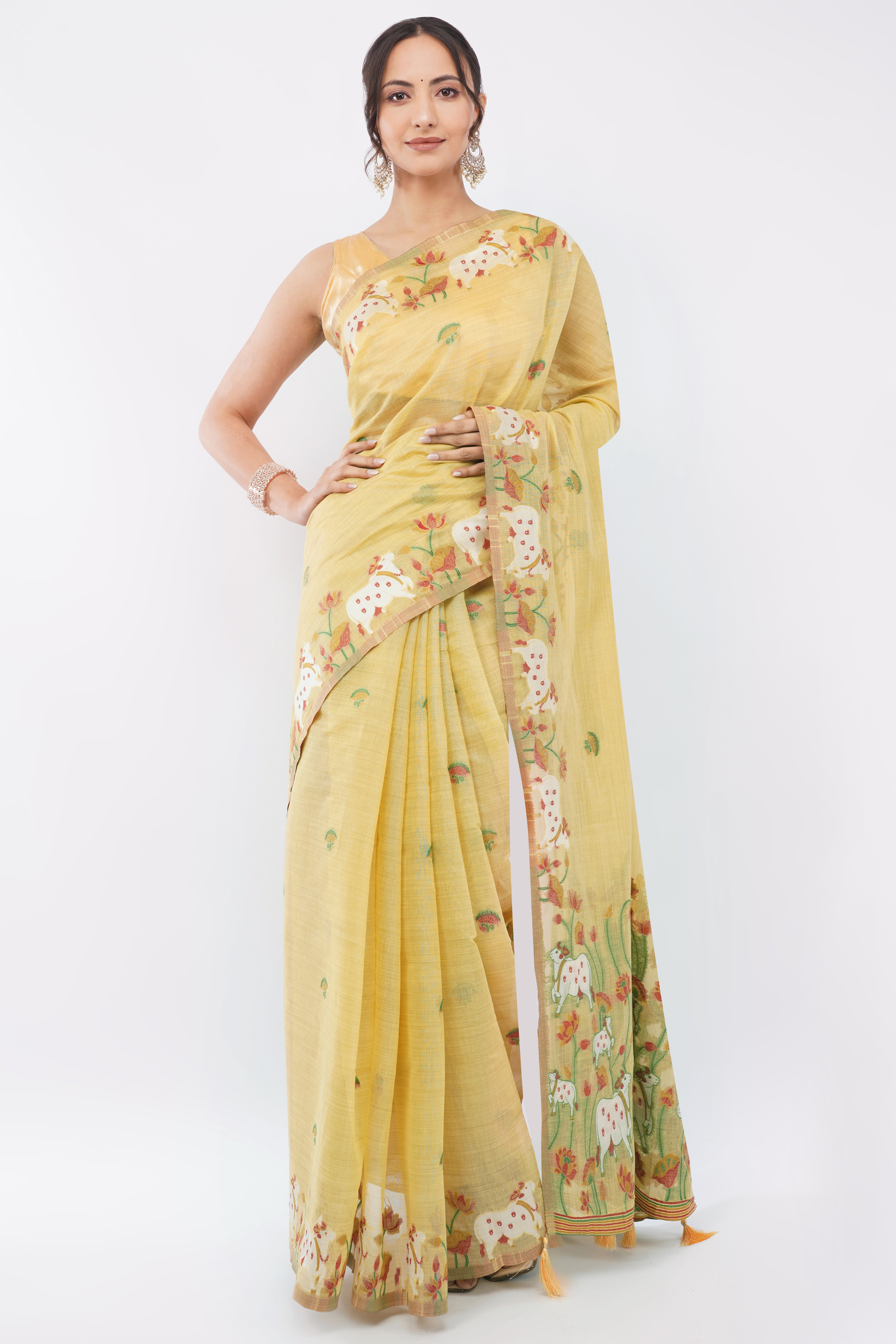 Elegant Yellow Pichwai Jamdani Handloom Saree with Cow & Lotus Motifs