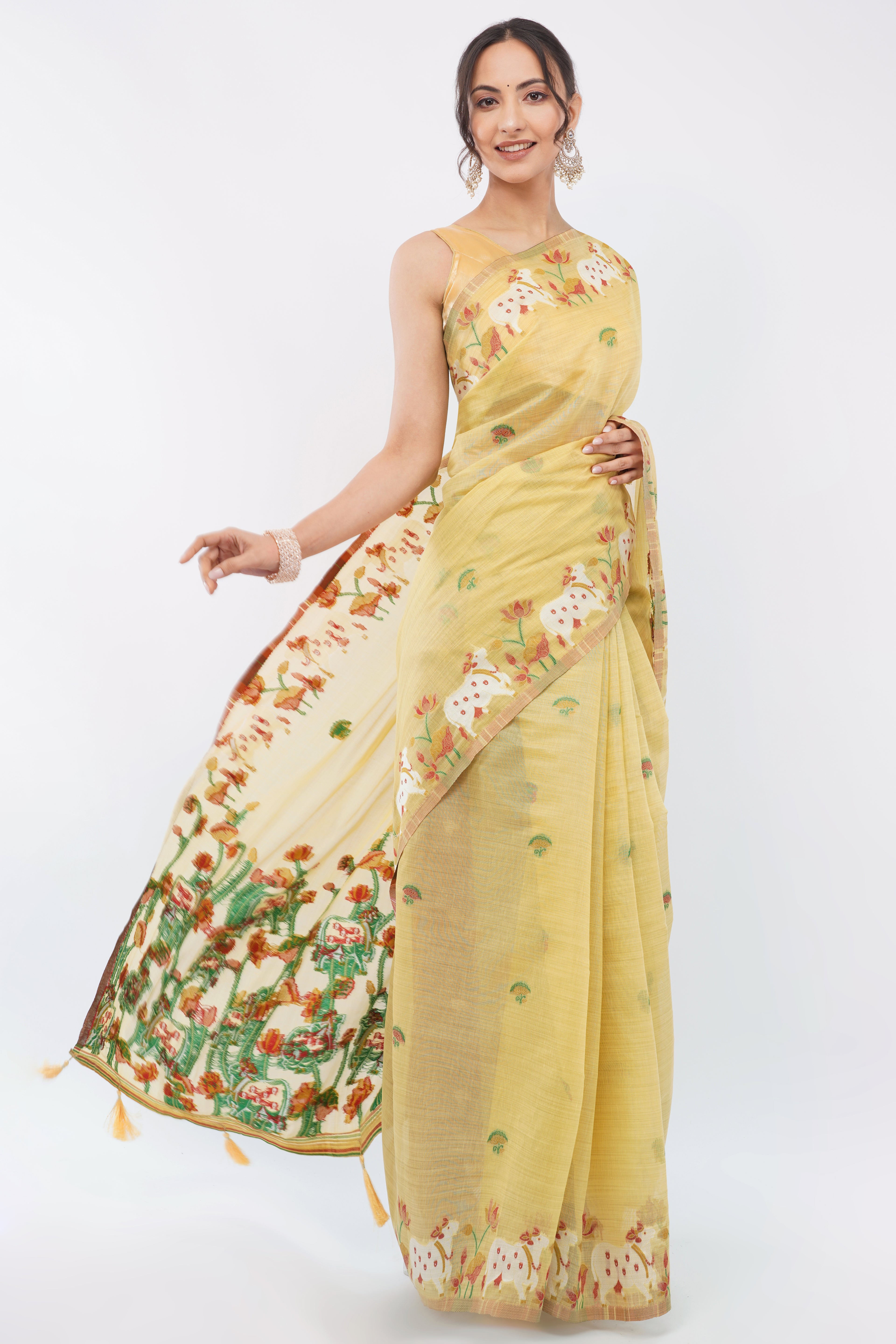 Elegant Yellow Pichwai Jamdani Handloom Saree with Cow & Lotus Motifs