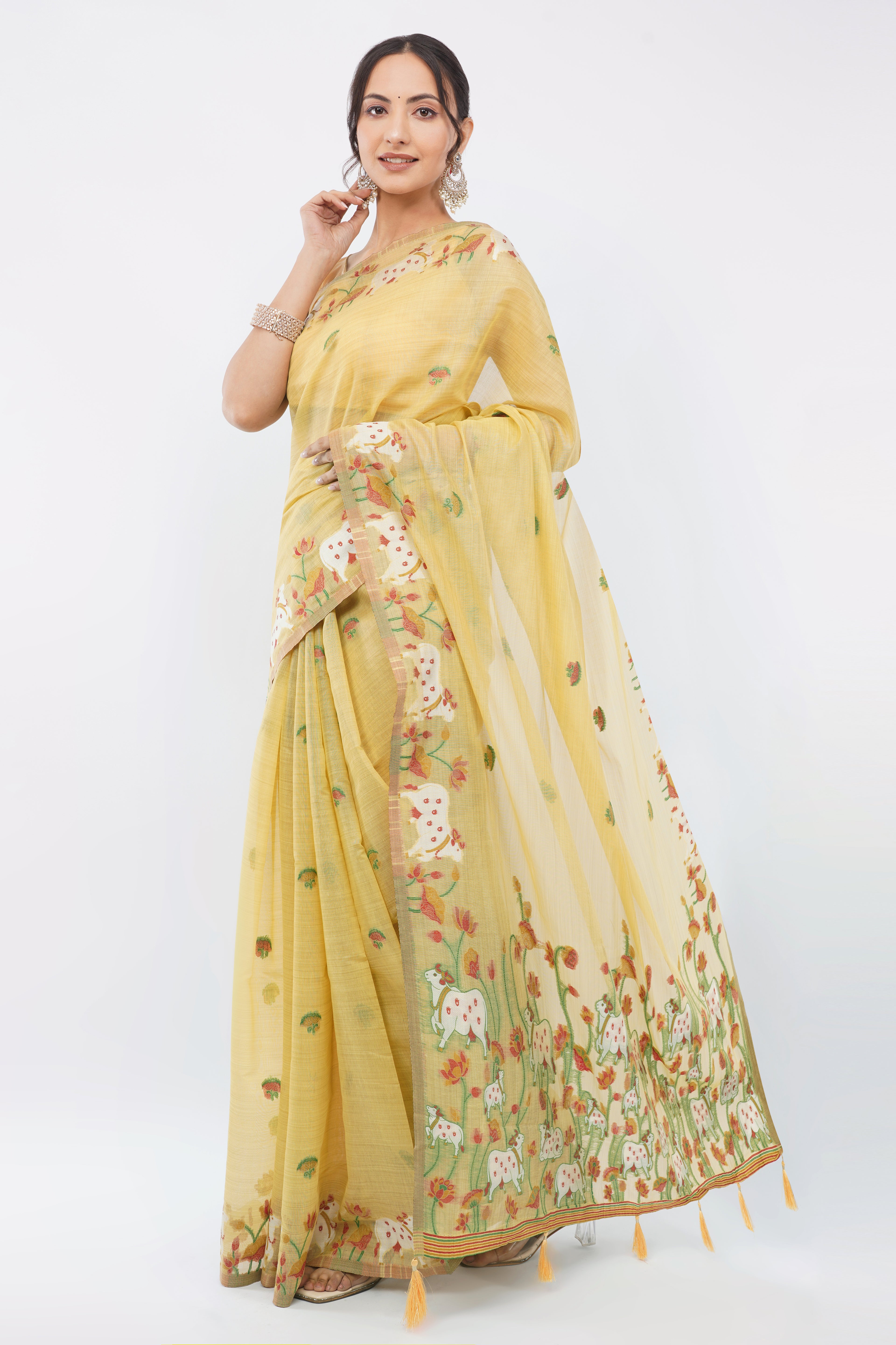 Elegant Yellow Pichwai Jamdani Handloom Saree with Cow & Lotus Motifs