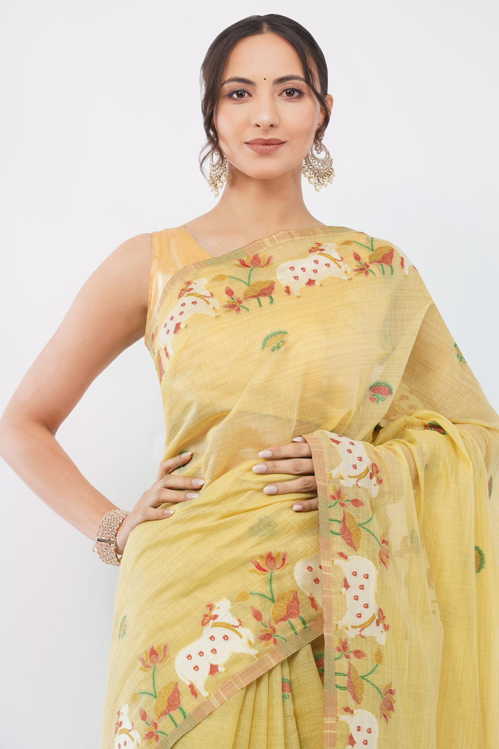 Elegant Yellow Pichwai Jamdani Handloom Saree with Cow & Lotus Motifs