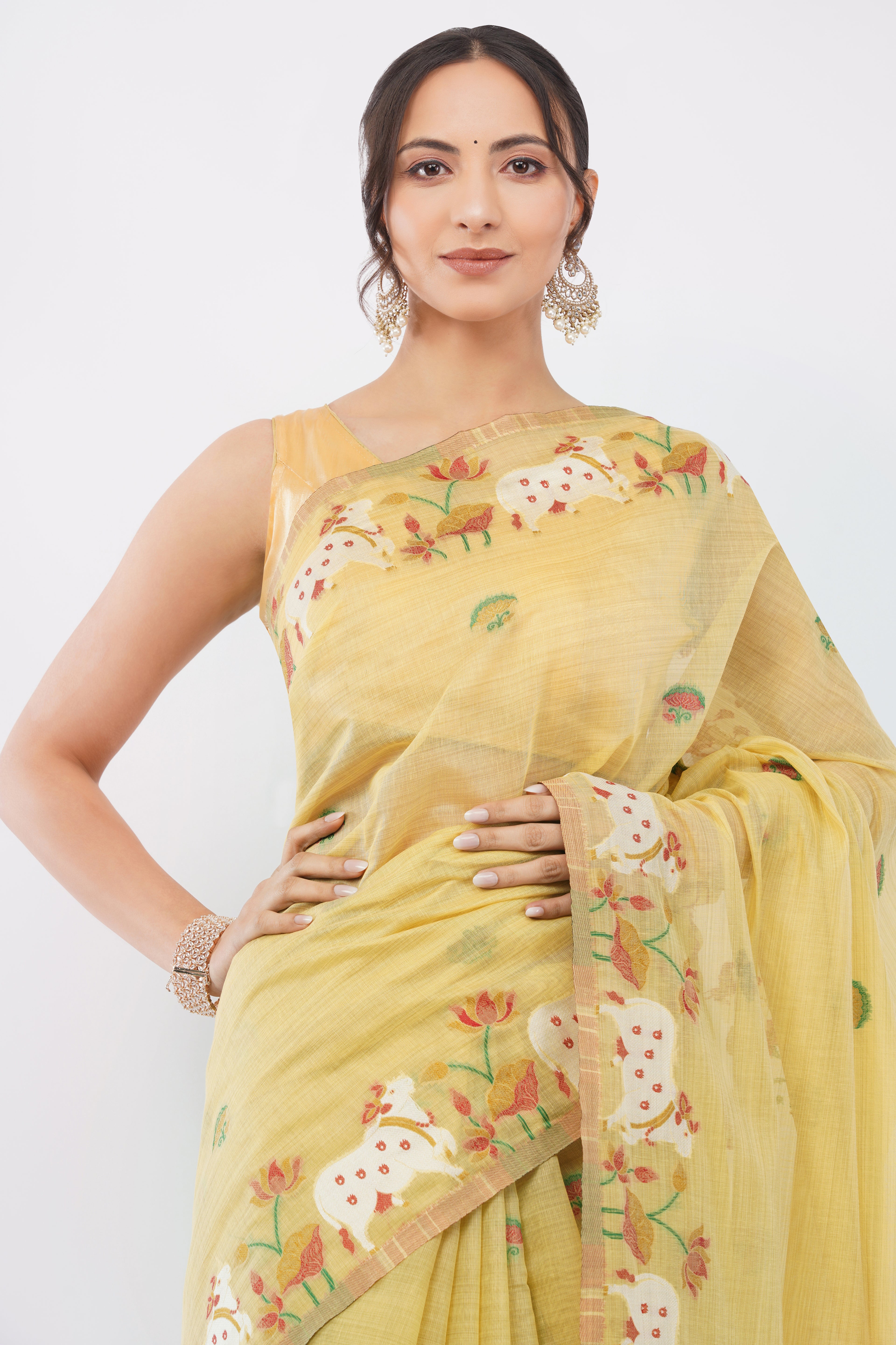 Elegant Yellow Pichwai Jamdani Handloom Saree with Cow & Lotus Motifs