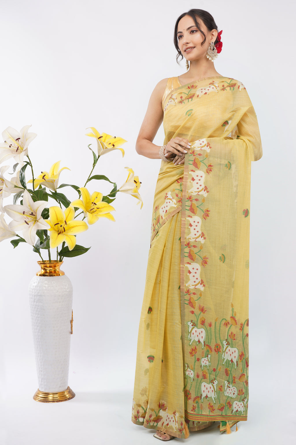 Elegant Yellow Pichwai Jamdani Handloom Saree with Cow & Lotus Motifs