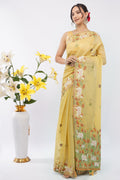 Elegant Yellow Pichwai Jamdani Handloom Saree with Cow & Lotus Motifs