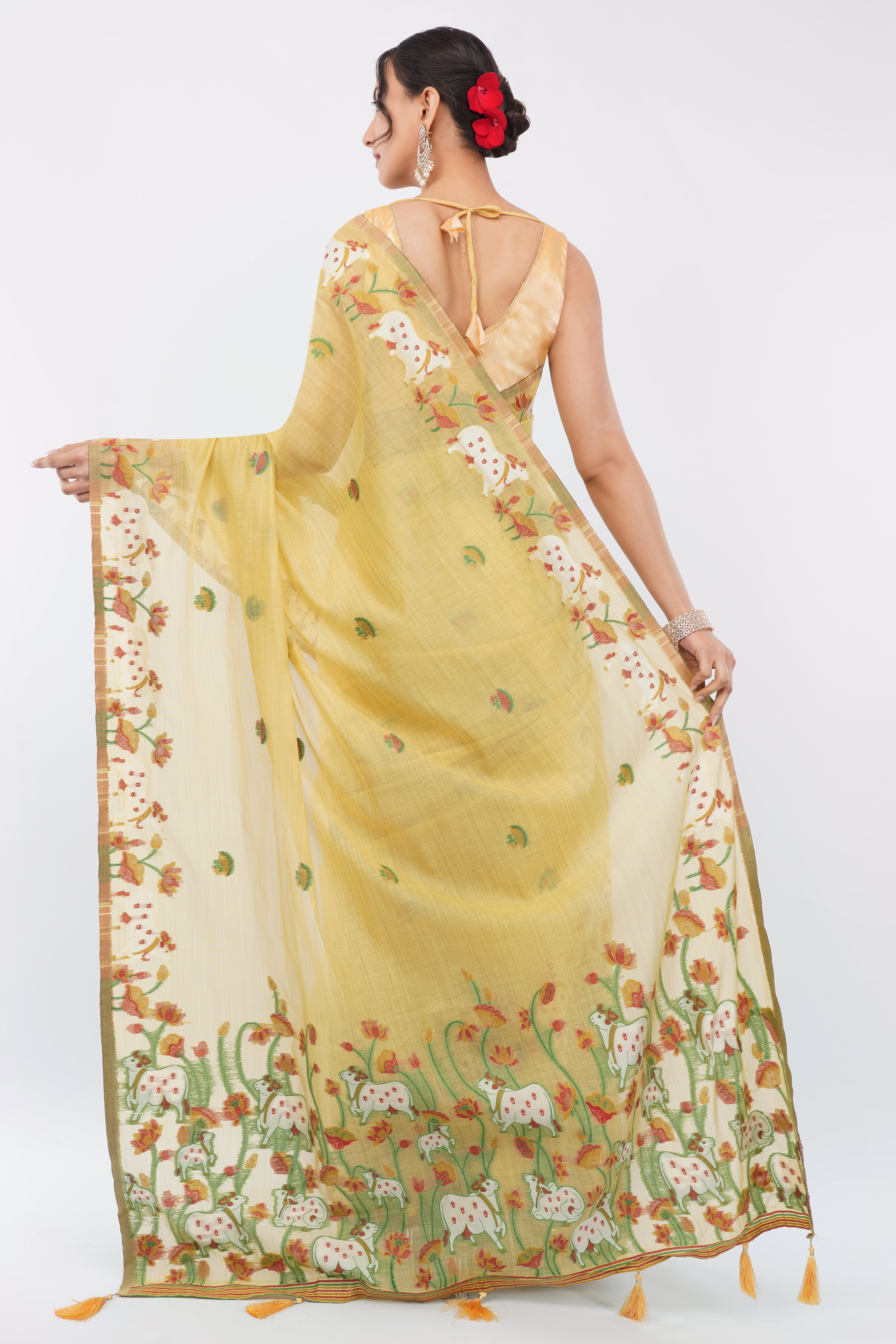 Elegant Yellow Pichwai Jamdani Handloom Saree with Cow & Lotus Motifs