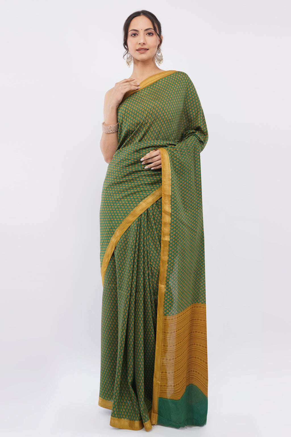 Tulip Handloom Forest Green Saree with Mustard Yellow Micro-Print & Border