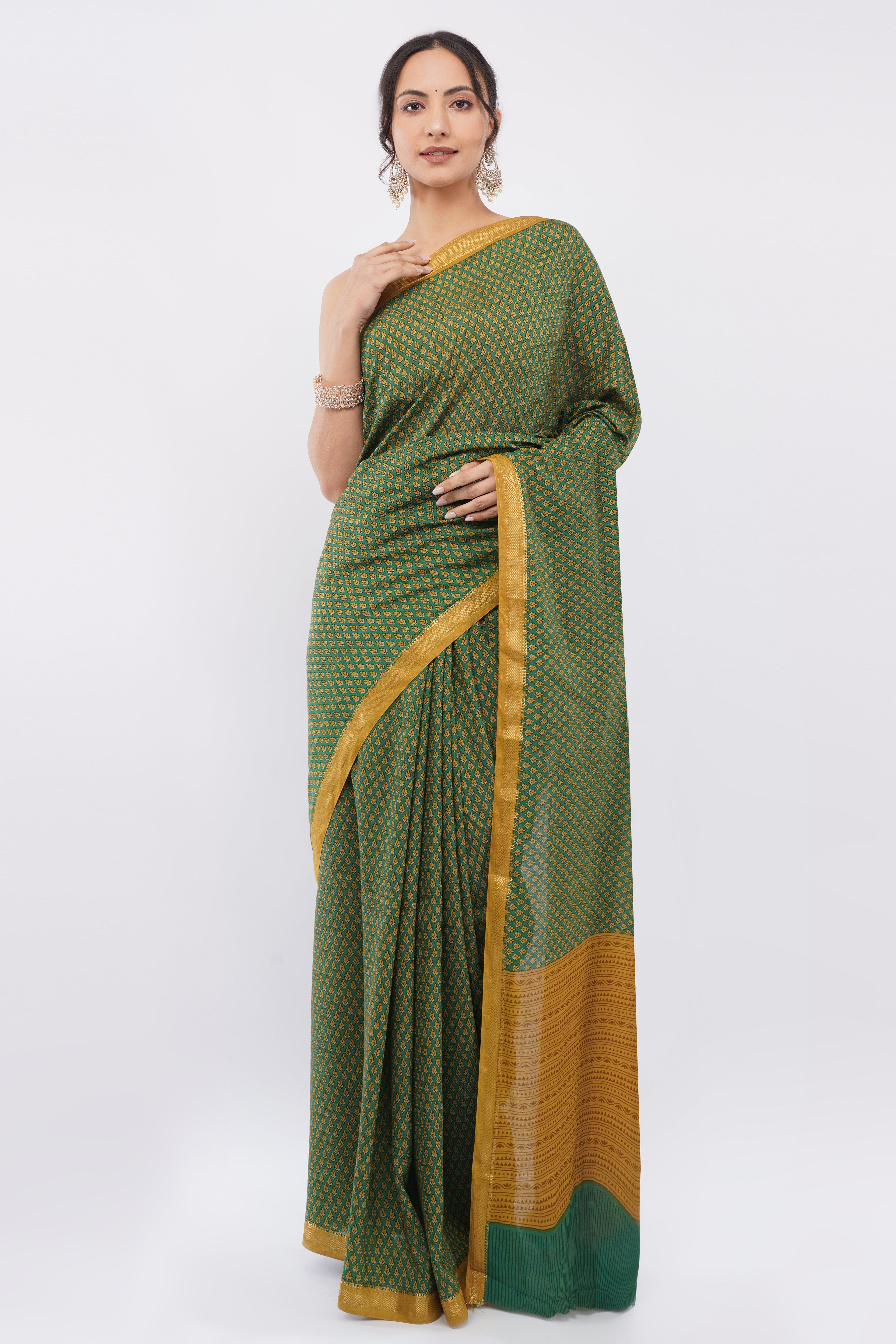 Tulip Handloom Forest Green Saree with Mustard Yellow Micro-Print & Border