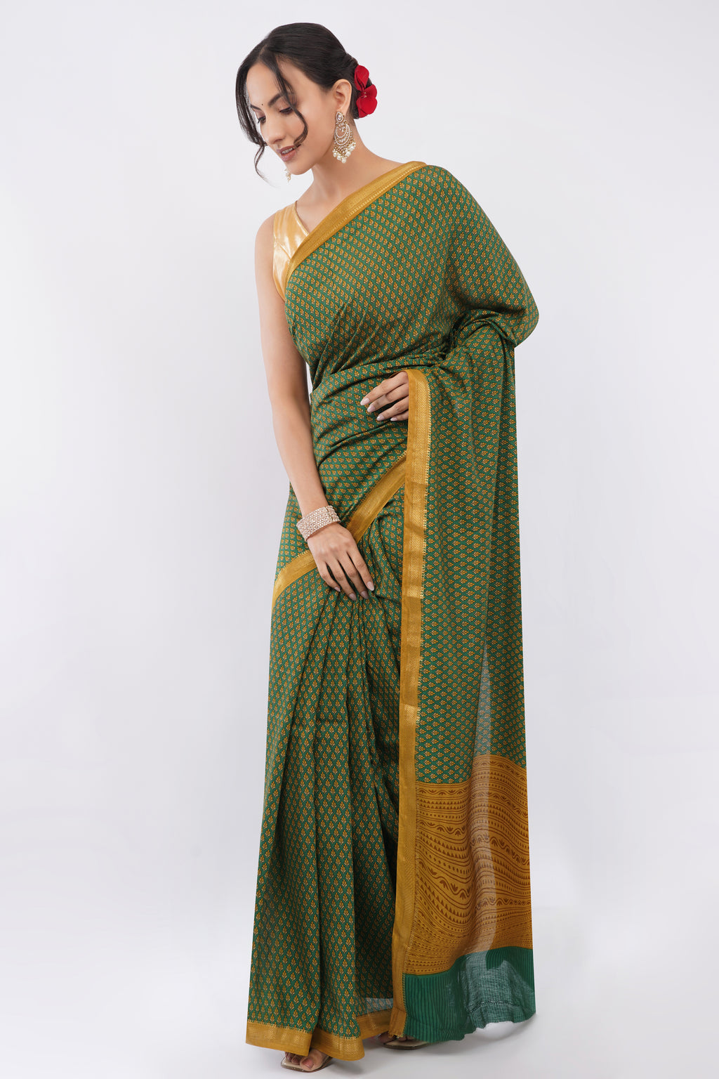 Tulip Handloom Forest Green Saree with Mustard Yellow Micro-Print & Border