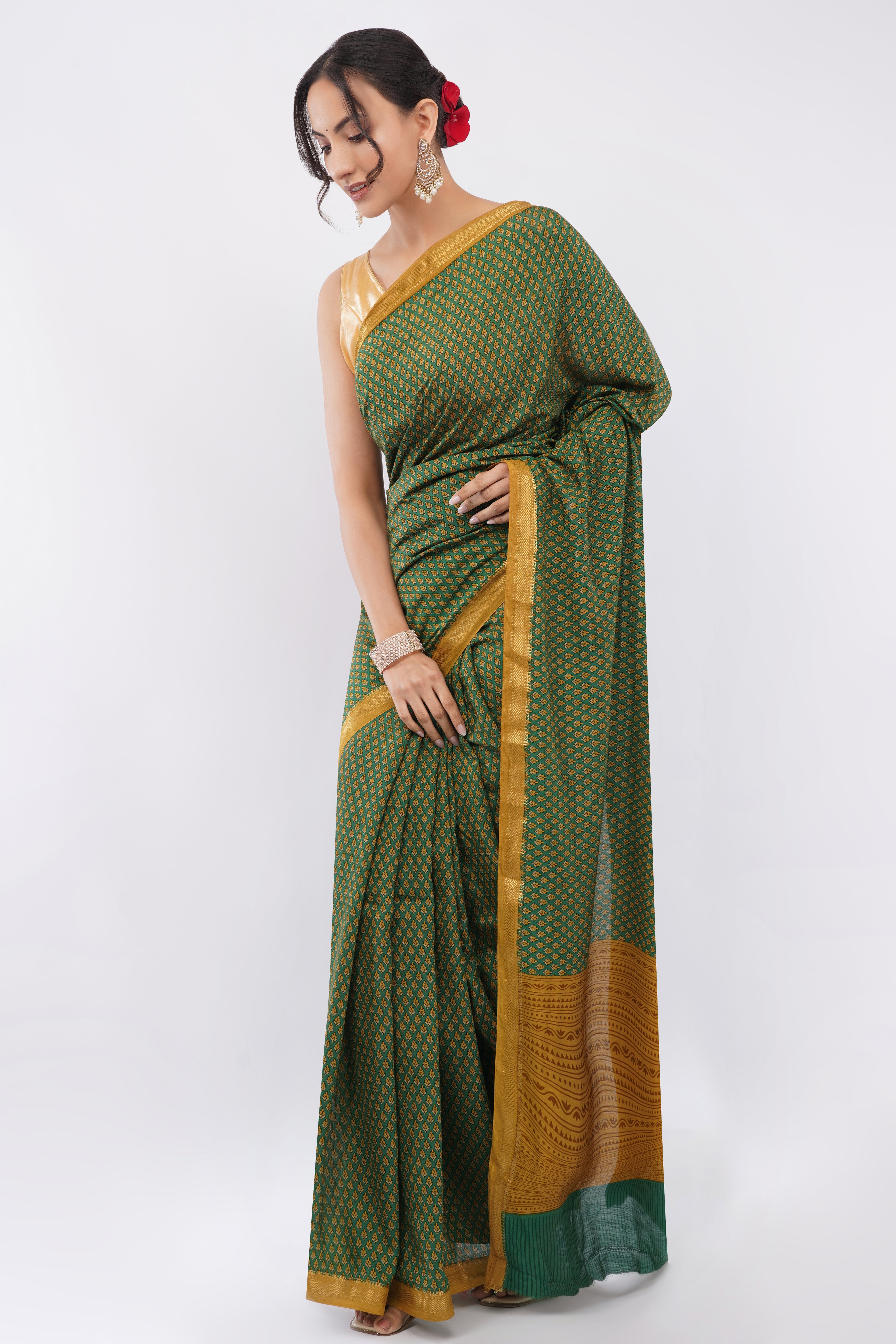 Tulip Handloom Forest Green Saree with Mustard Yellow Micro-Print & Border