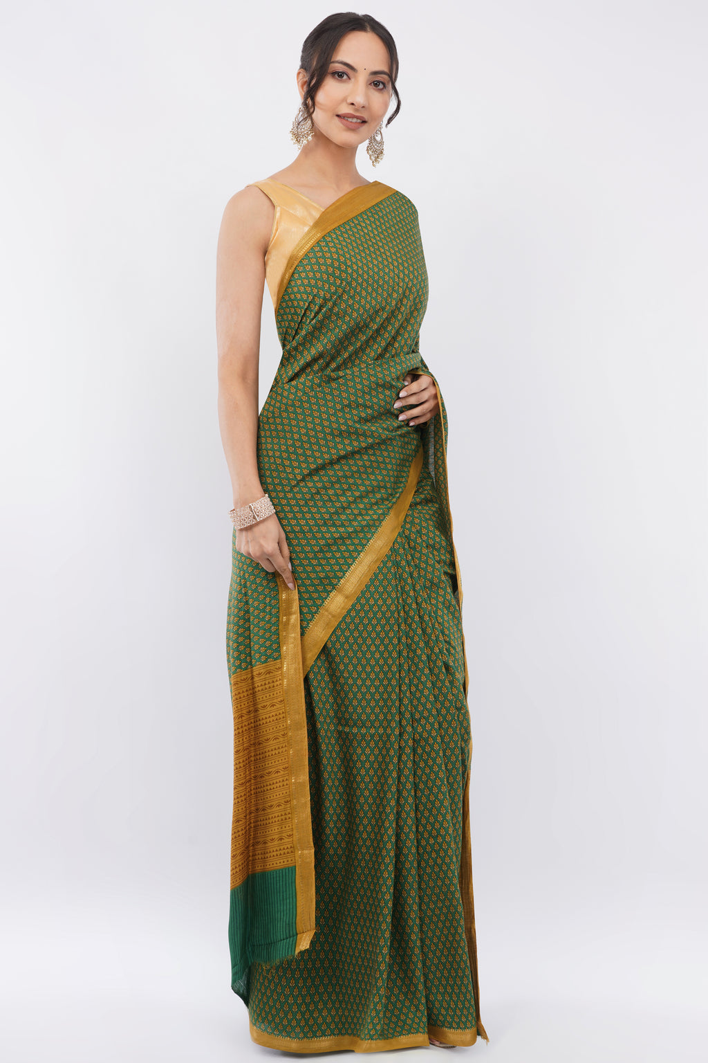 Tulip Handloom Forest Green Saree with Mustard Yellow Micro-Print & Border