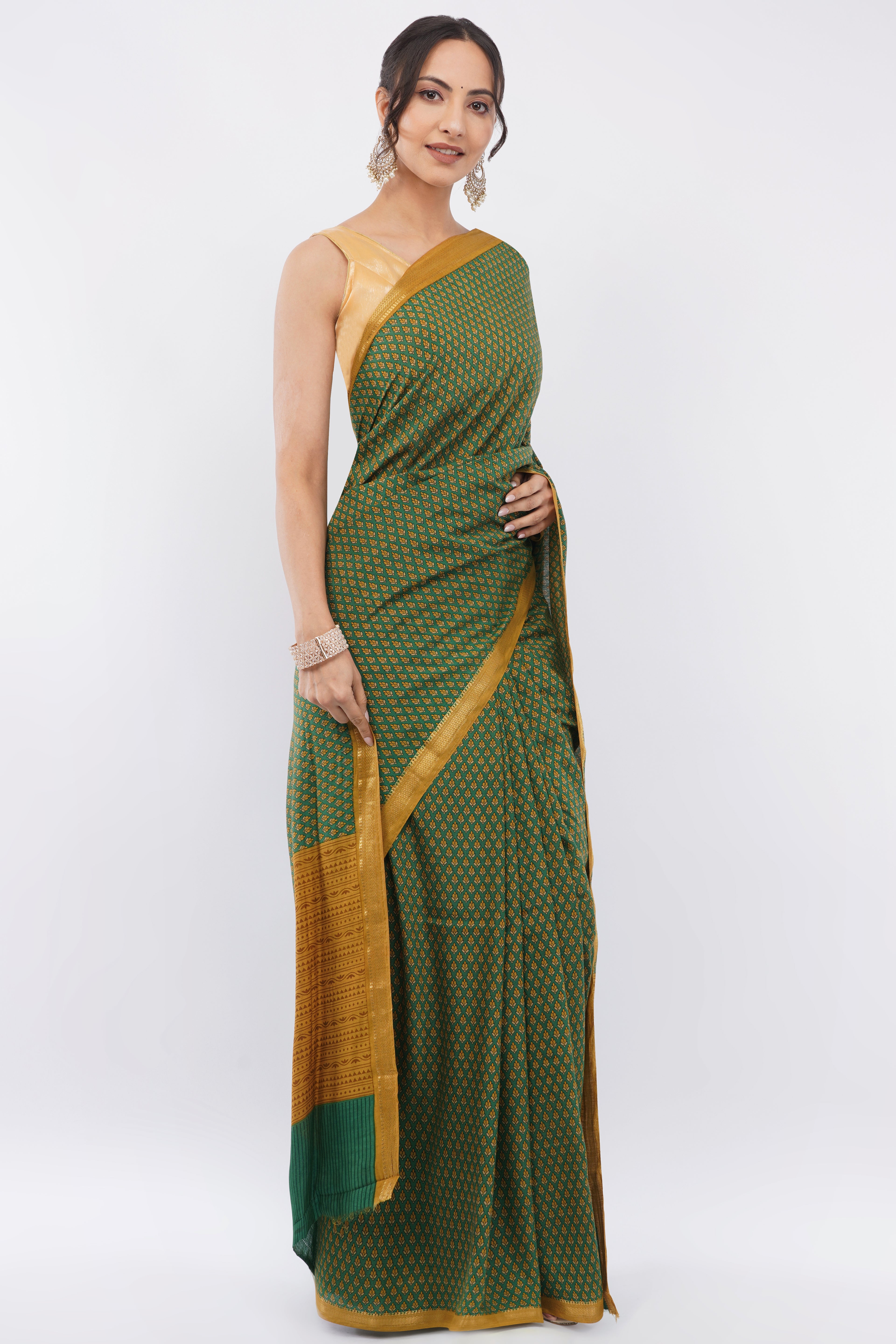 Tulip Handloom Forest Green Saree with Mustard Yellow Micro-Print & Border