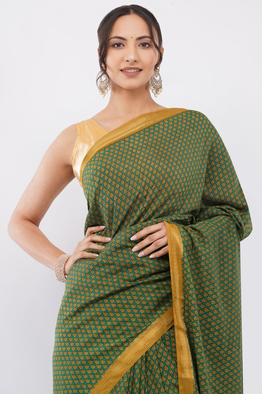 Tulip Handloom Forest Green Saree with Mustard Yellow Micro-Print & Border