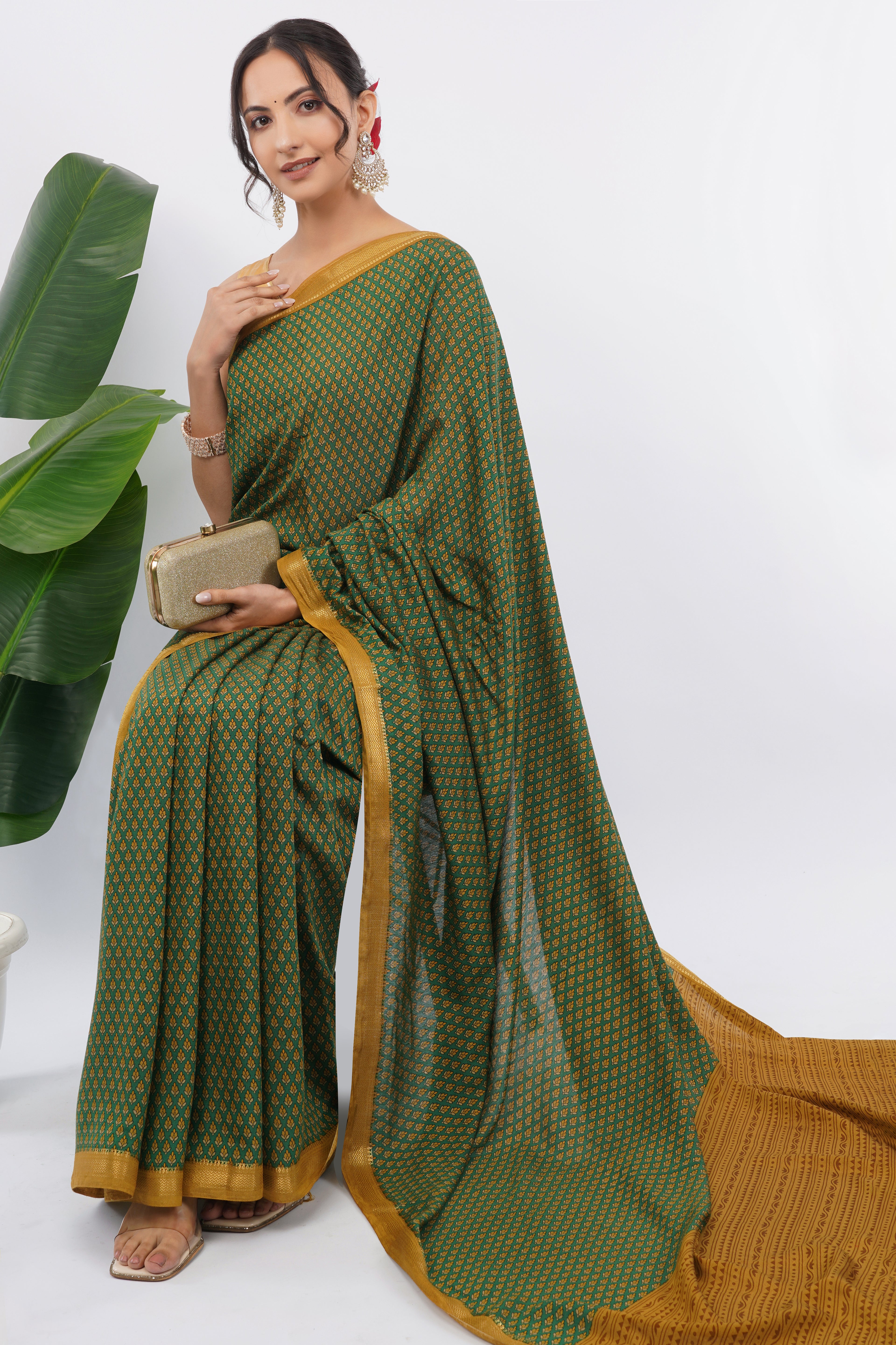 Tulip Handloom Forest Green Saree with Mustard Yellow Micro-Print & Border