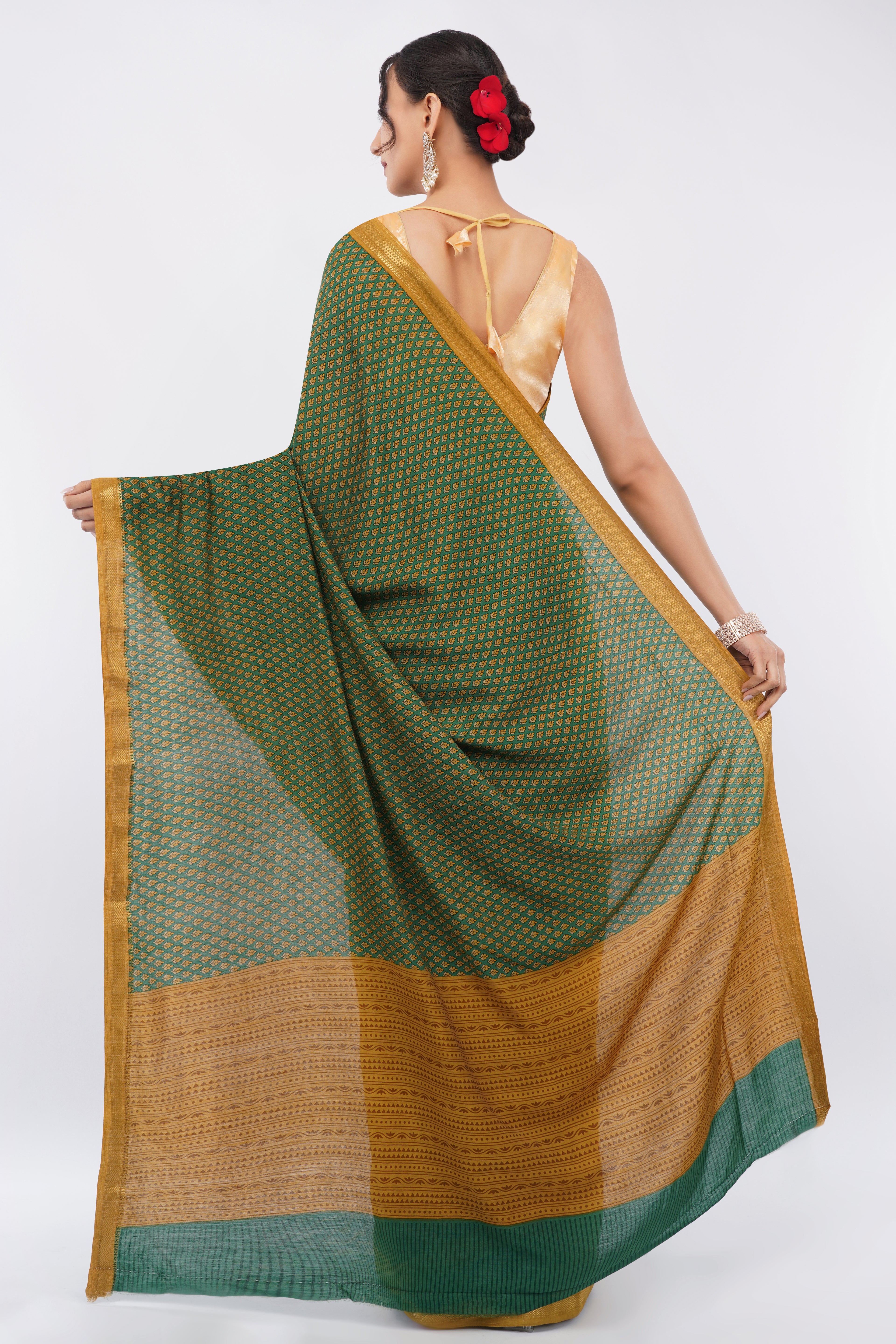 Tulip Handloom Forest Green Saree with Mustard Yellow Micro-Print & Border