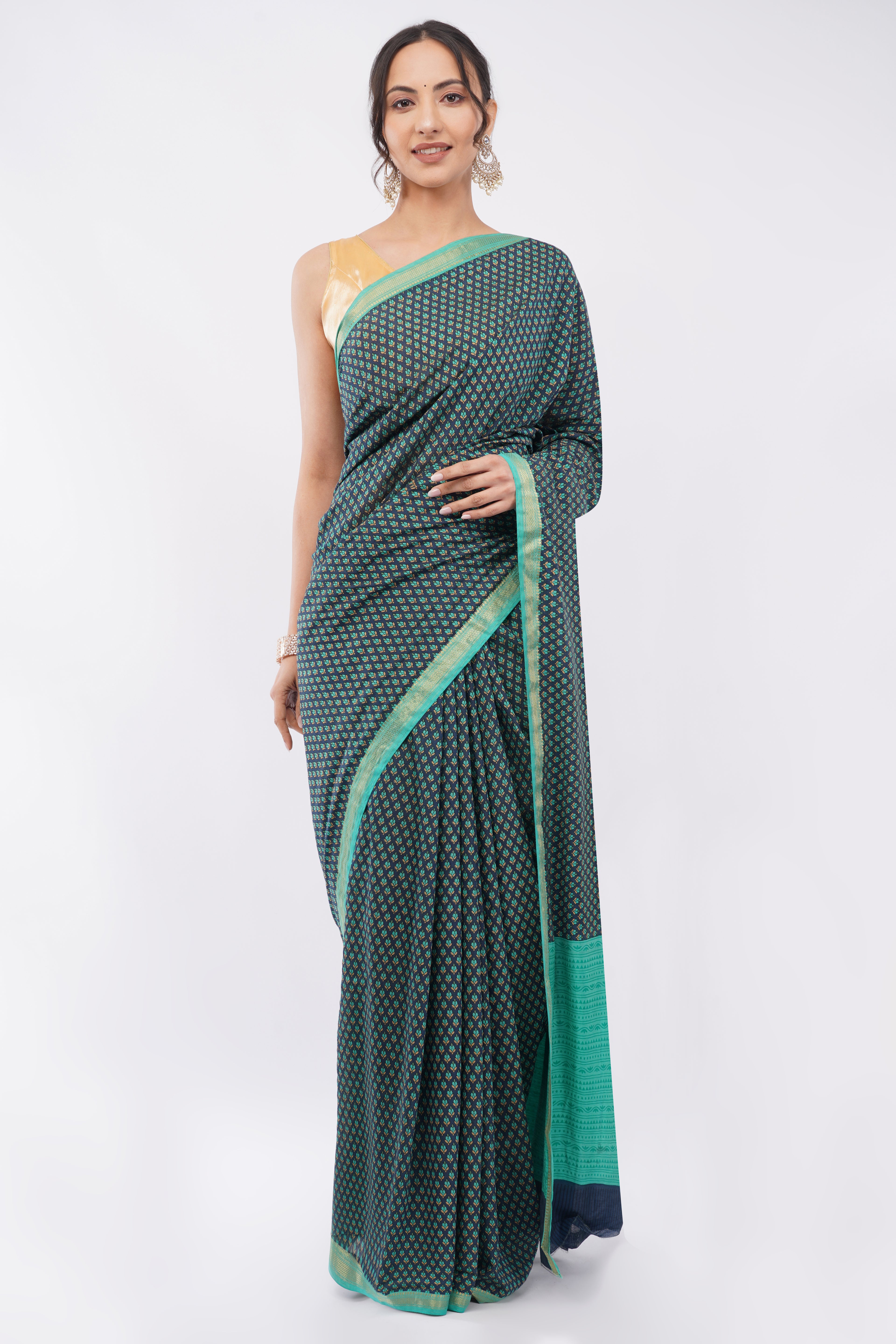 Tulip Handloom Deep Teal Micro-Print silk Blend Saree with Turquoise Zari Border